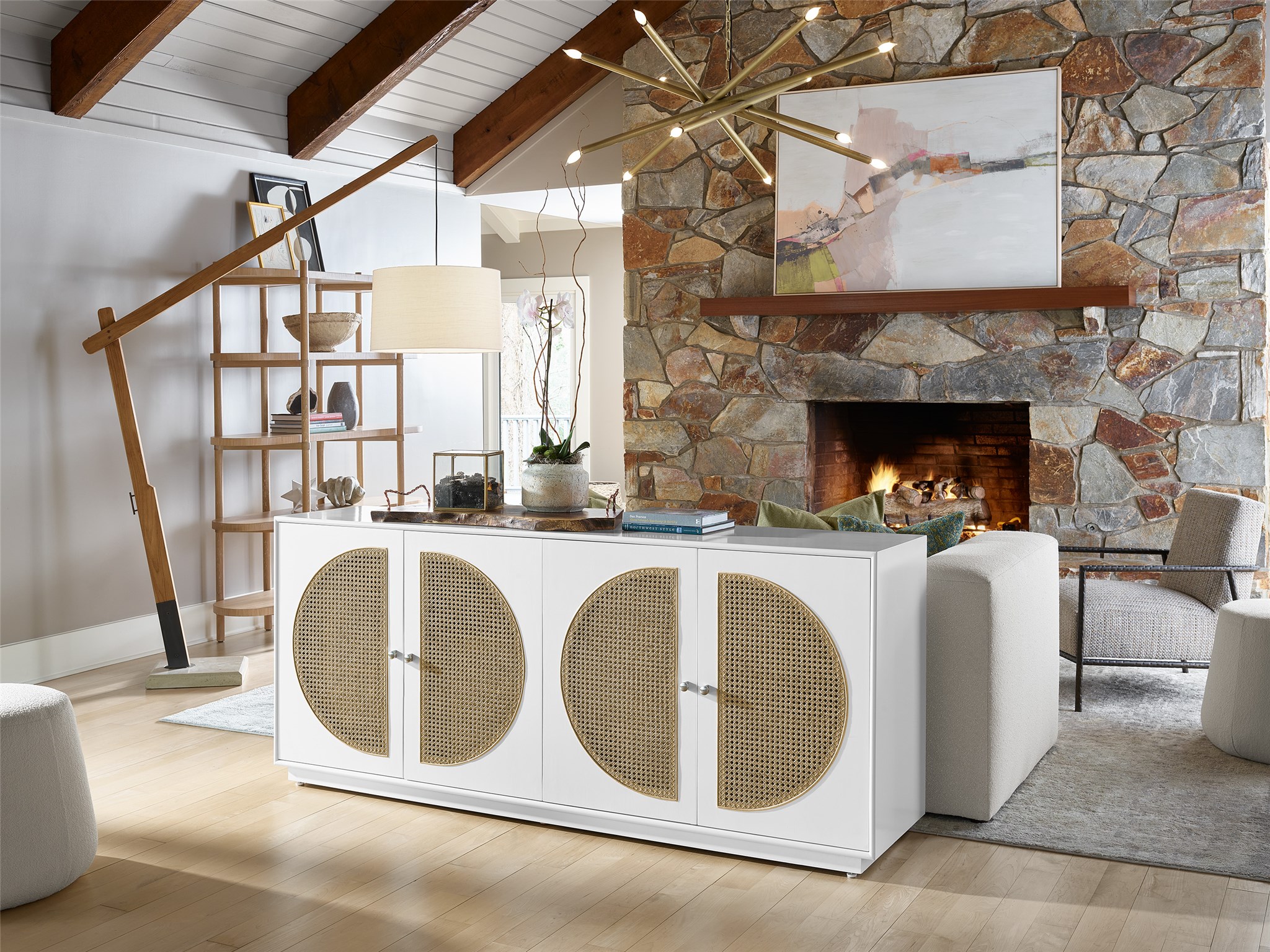 Nomad Wood/Cane TV Entertainment Credenza Stand w/4 Doors