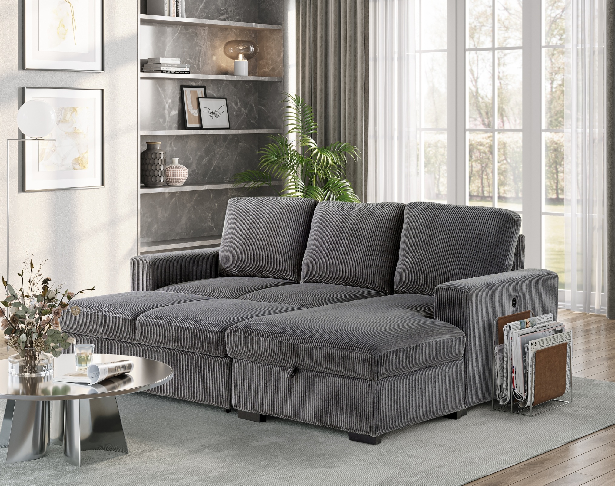 U2660 Fabric L-Shape Pull Out Sectional Sofa Bed