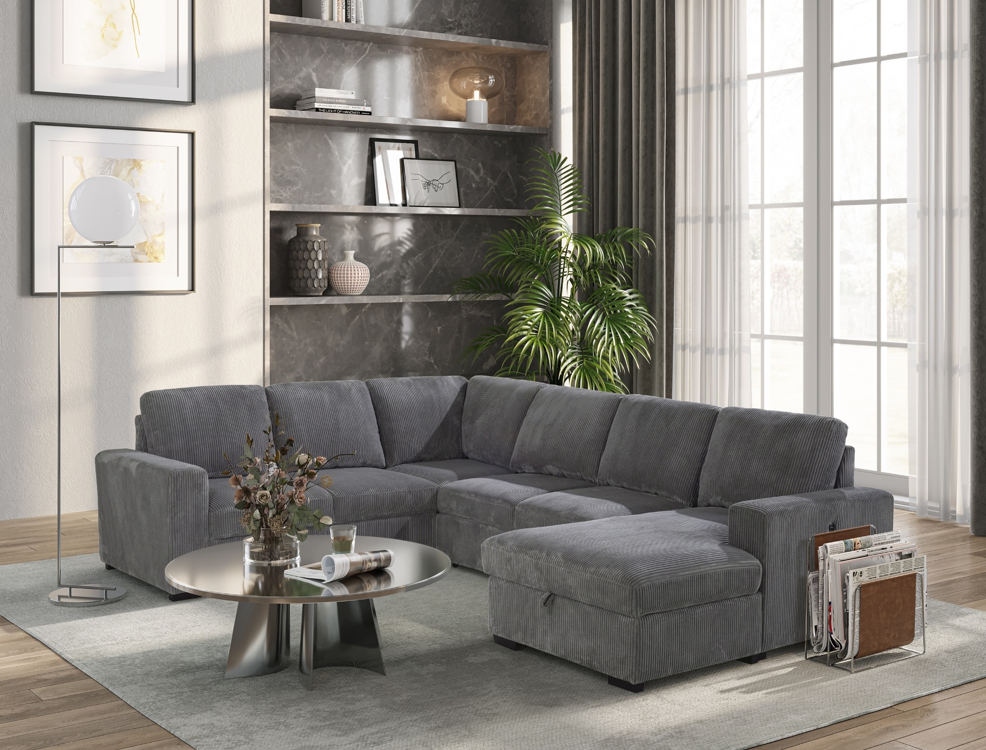 U2660 Fabric U-Shape Pull Out Sectional Sofa Bed