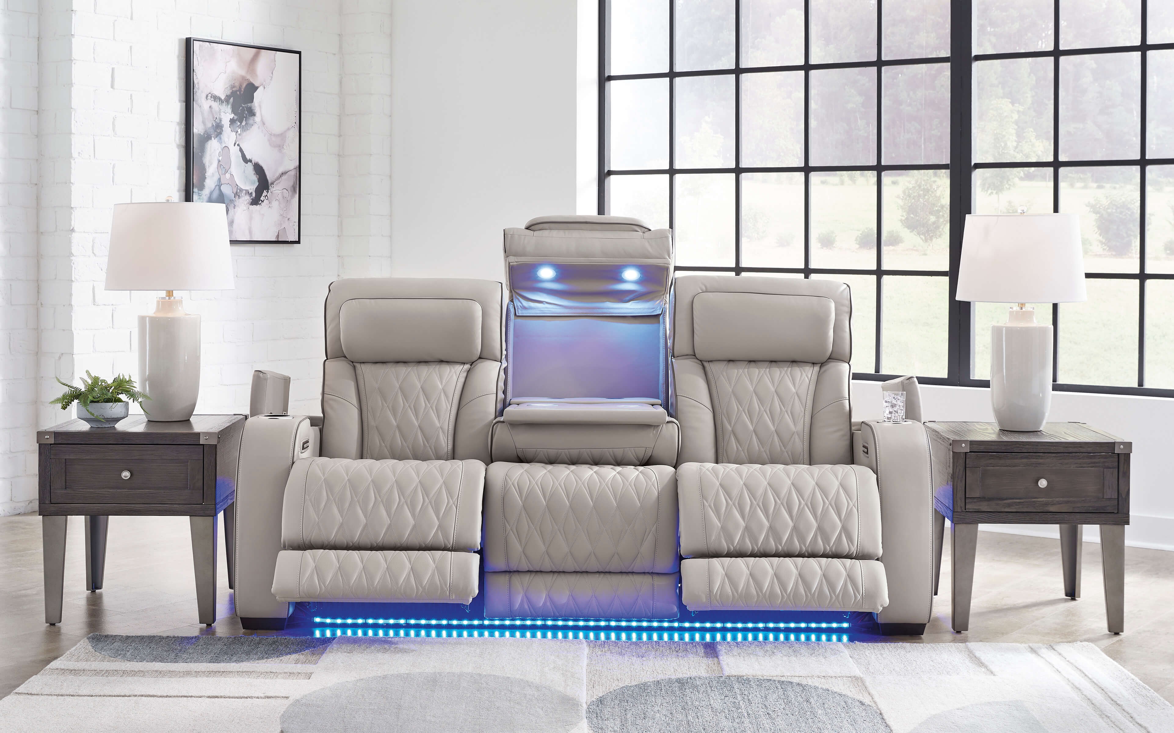Boyington Leather Power Reclining Sofa w/Ambient Blue LED Lighting