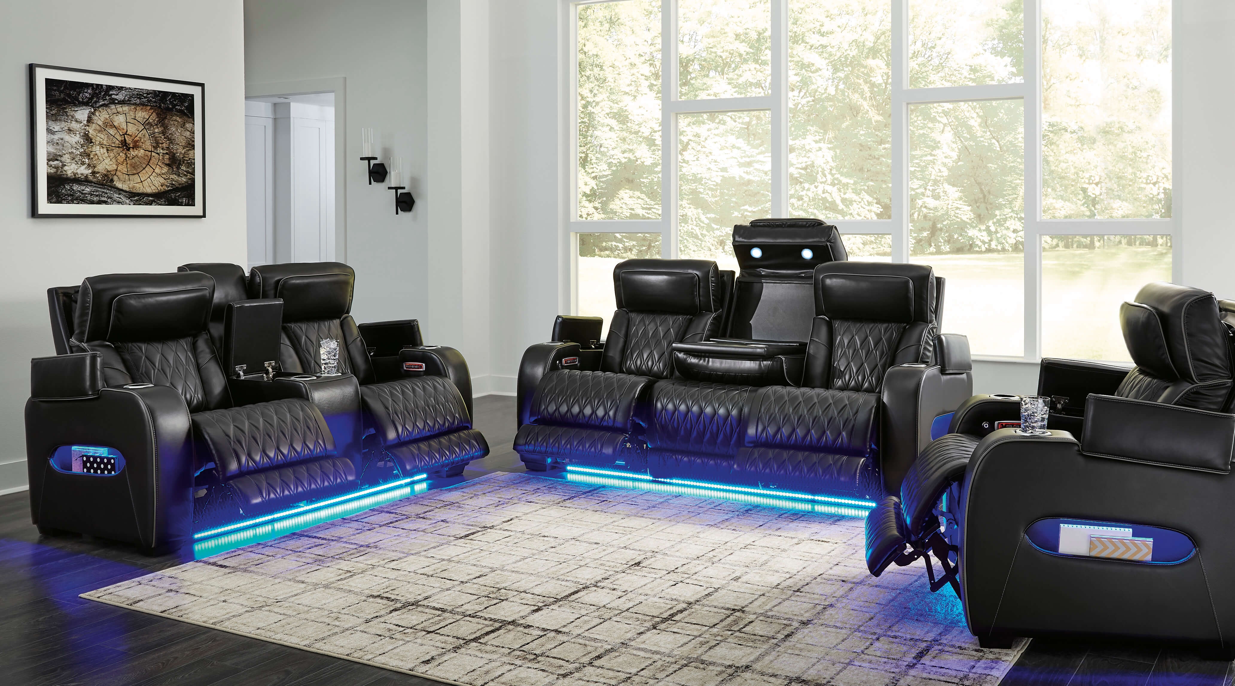 Boyington Power Reclining Sofa, Loveseat and chair Blue LED Lighting