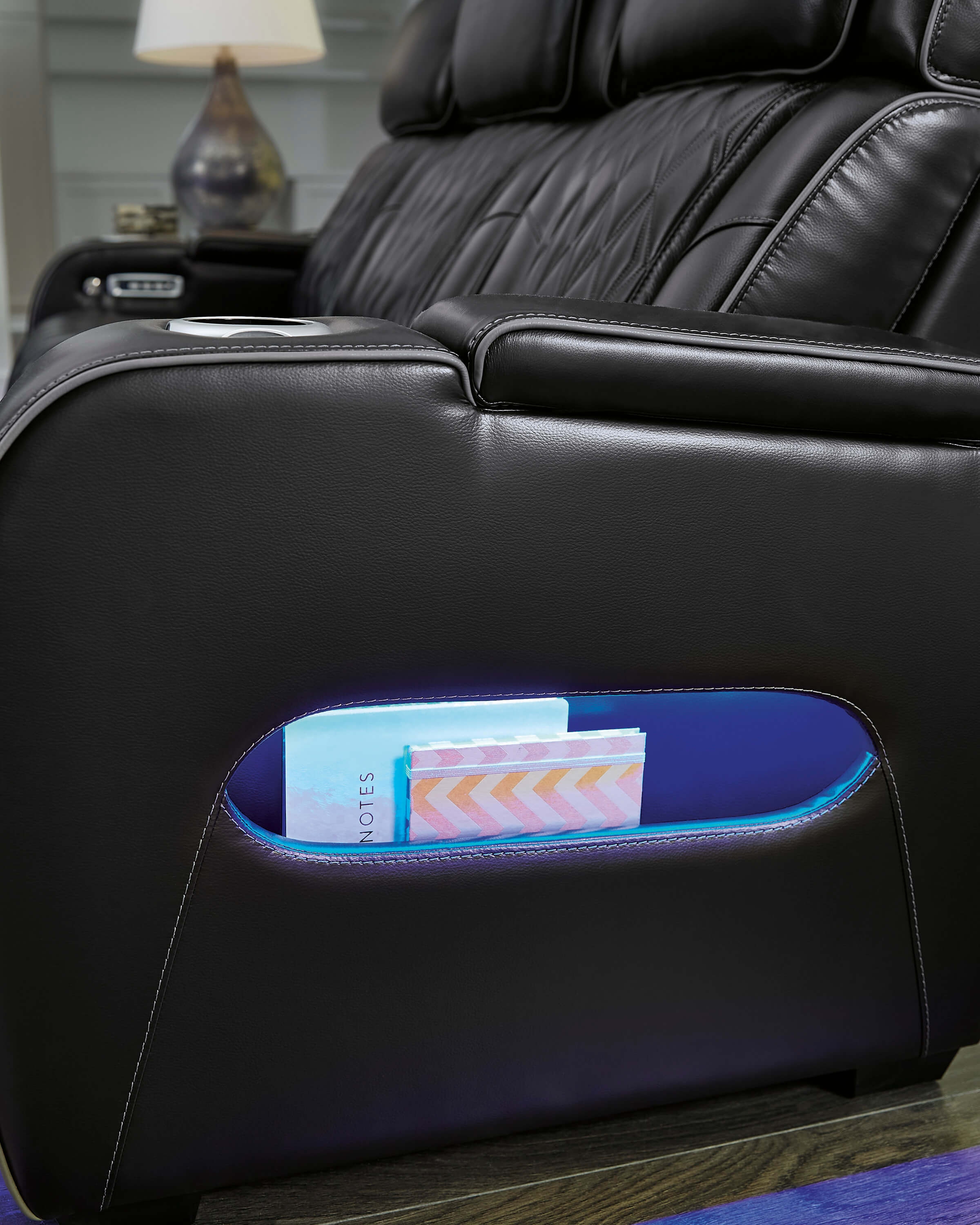 Boyington Leather Power Reclining Loveseat w/Ambient Blue LED Lighting