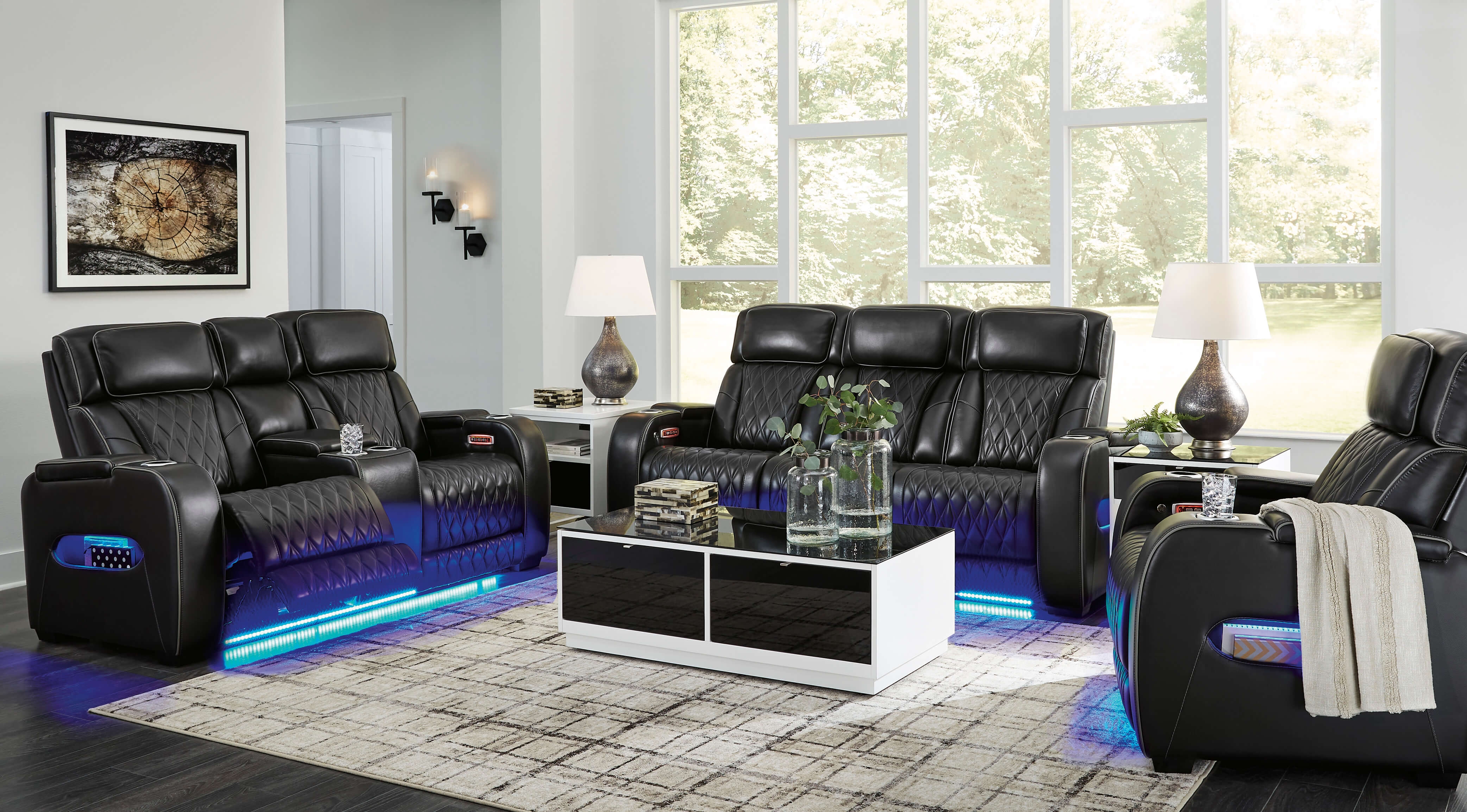Boyington Power Reclining Sofa, Loveseat and chair Blue LED Lighting