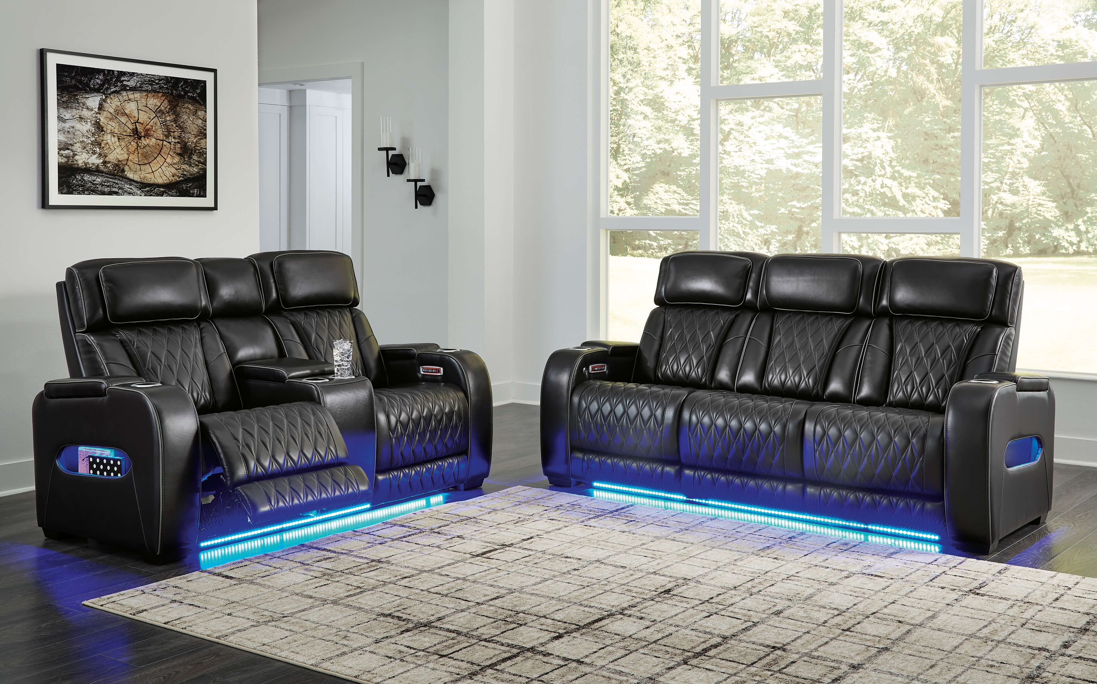Boyington Power Reclining Sofa and Loveseat With Blue LED Lighting