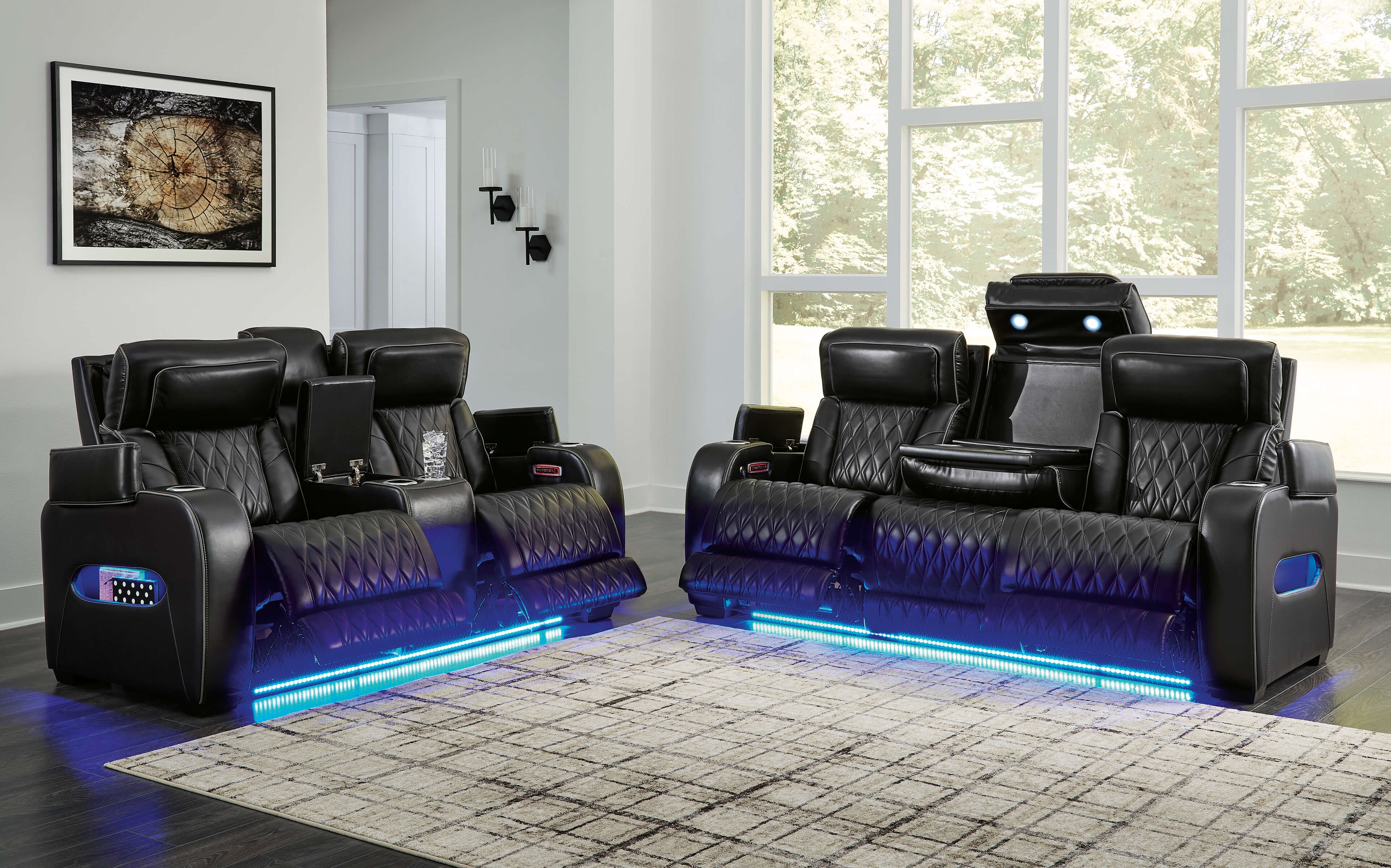 Boyington Power Reclining Sofa and Loveseat With Blue LED Lighting function
