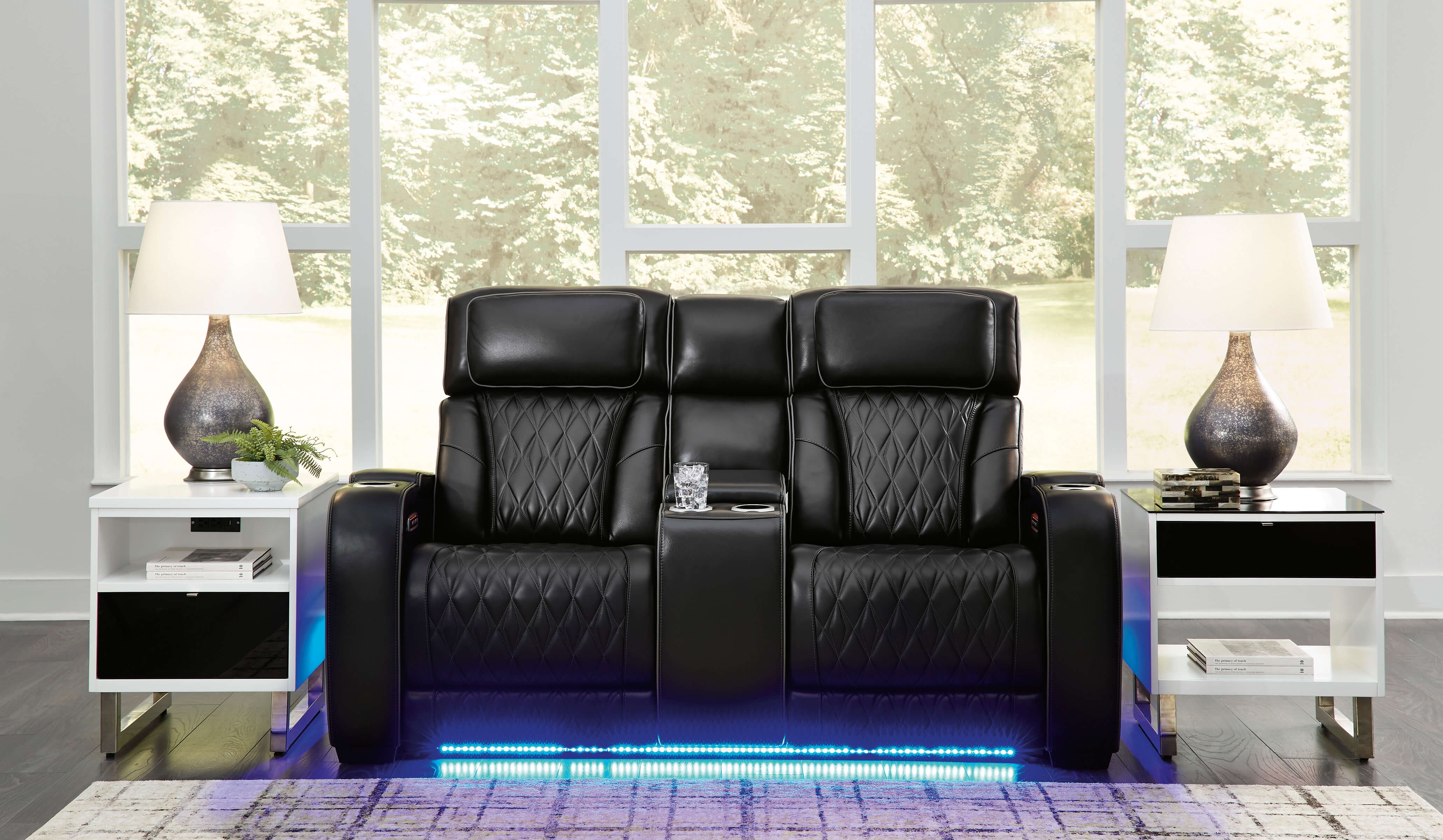 Boyington Leather Power Reclining Loveseat w/Ambient Blue LED Lighting