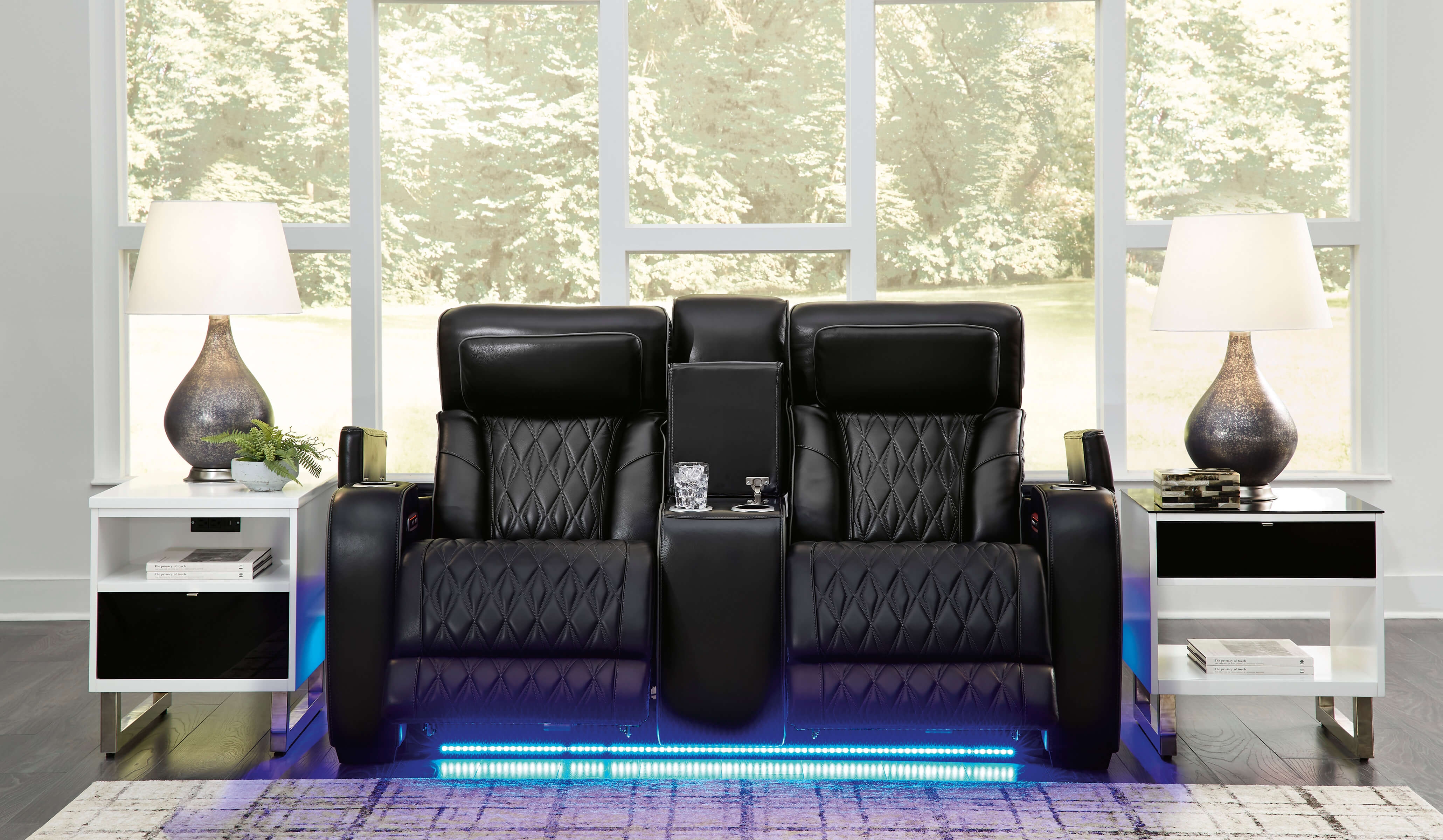Boyington Leather Power Reclining Loveseat w/Ambient Blue LED Lighting