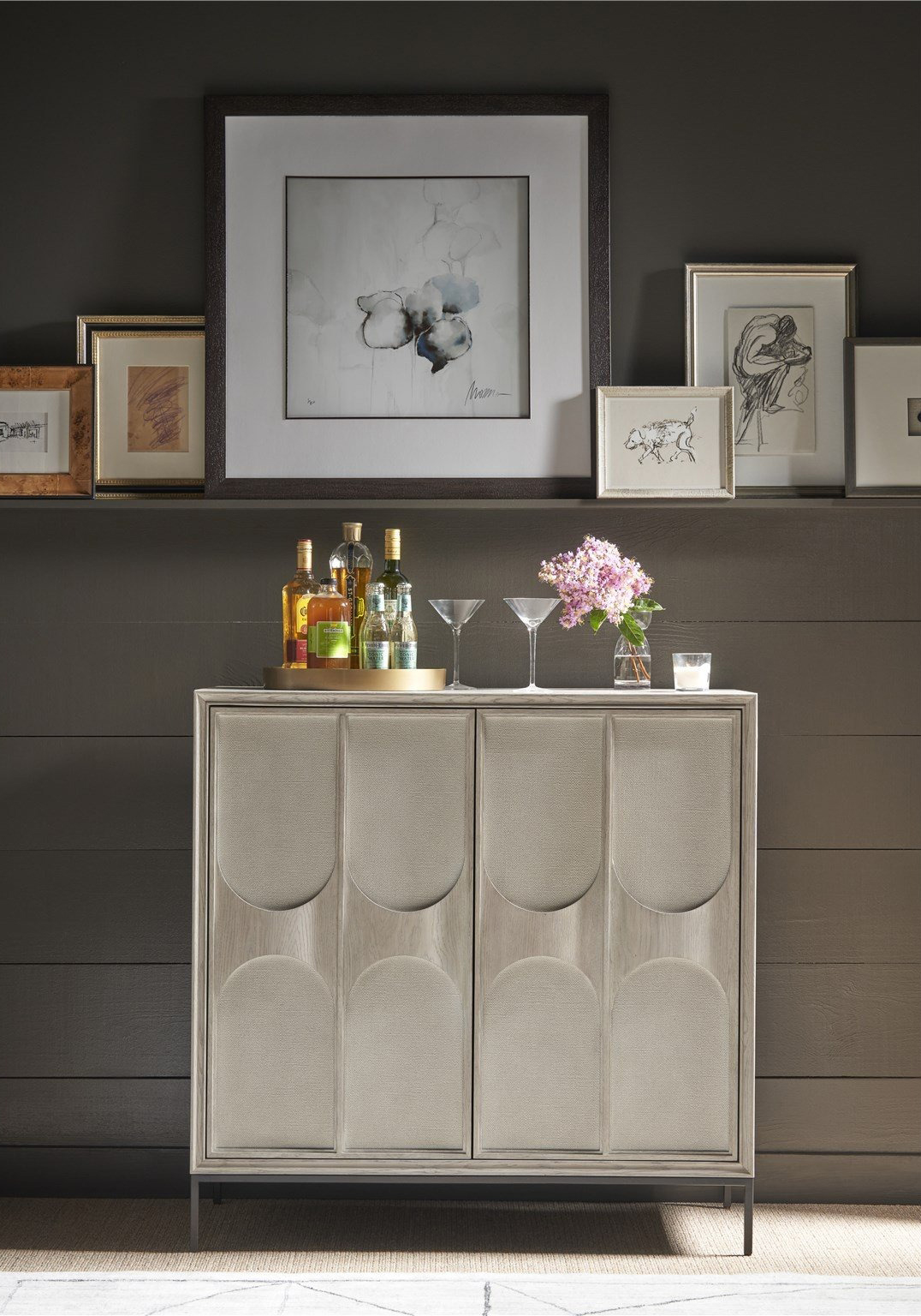 Odessa Wood/Faux Linen Bar Cabinet w/2 Doors & 3 Drawers