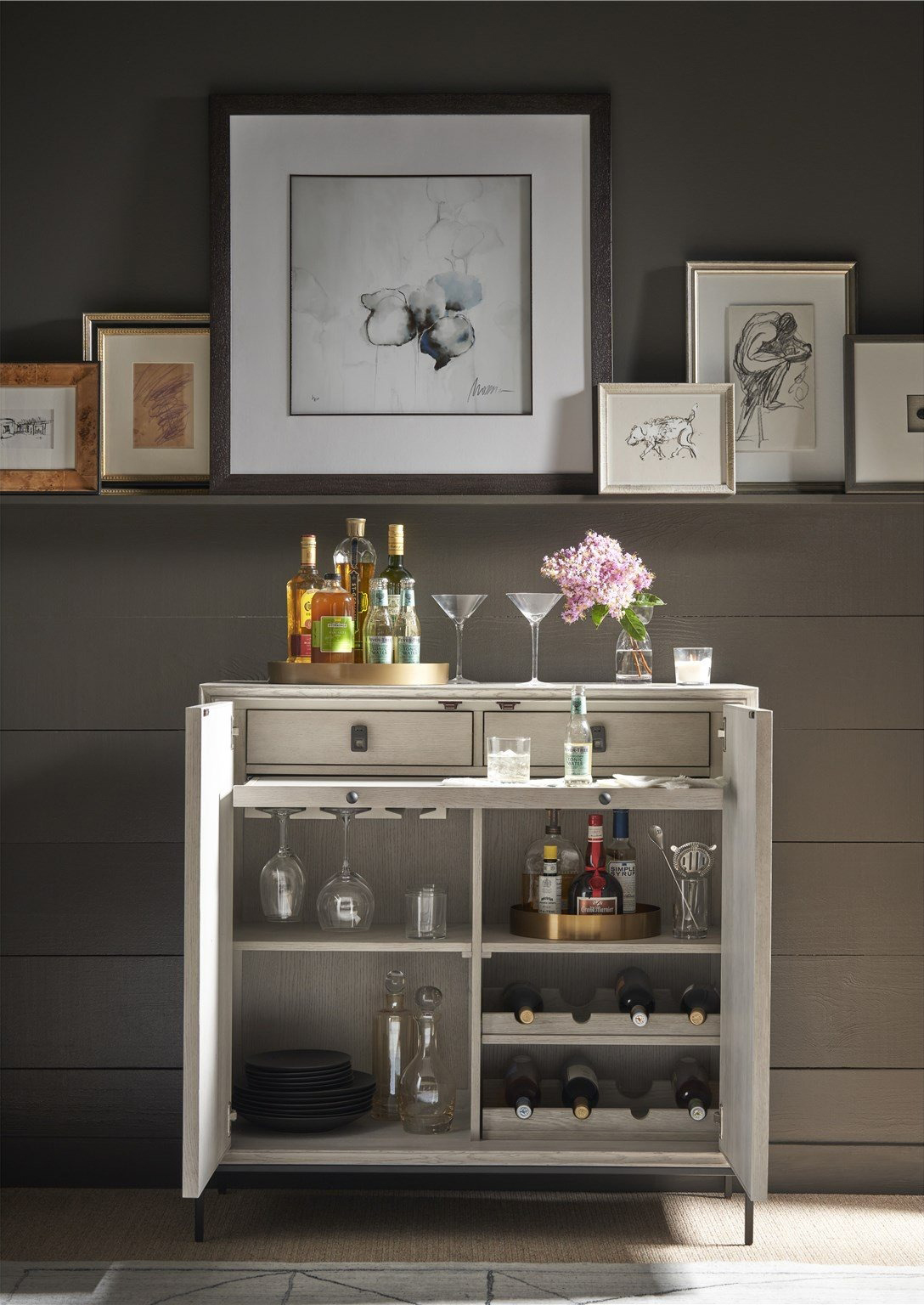 Odessa Wood/Faux Linen Bar Cabinet w/2 Doors & 3 Drawers