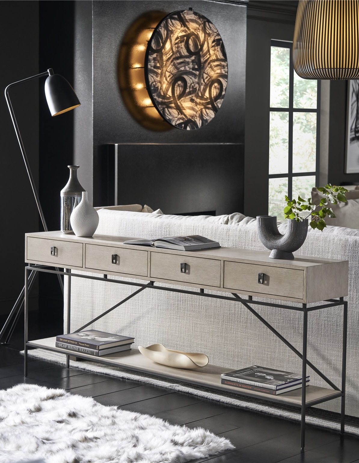 Barber Wood/Metal Console Table w/4 Drawers