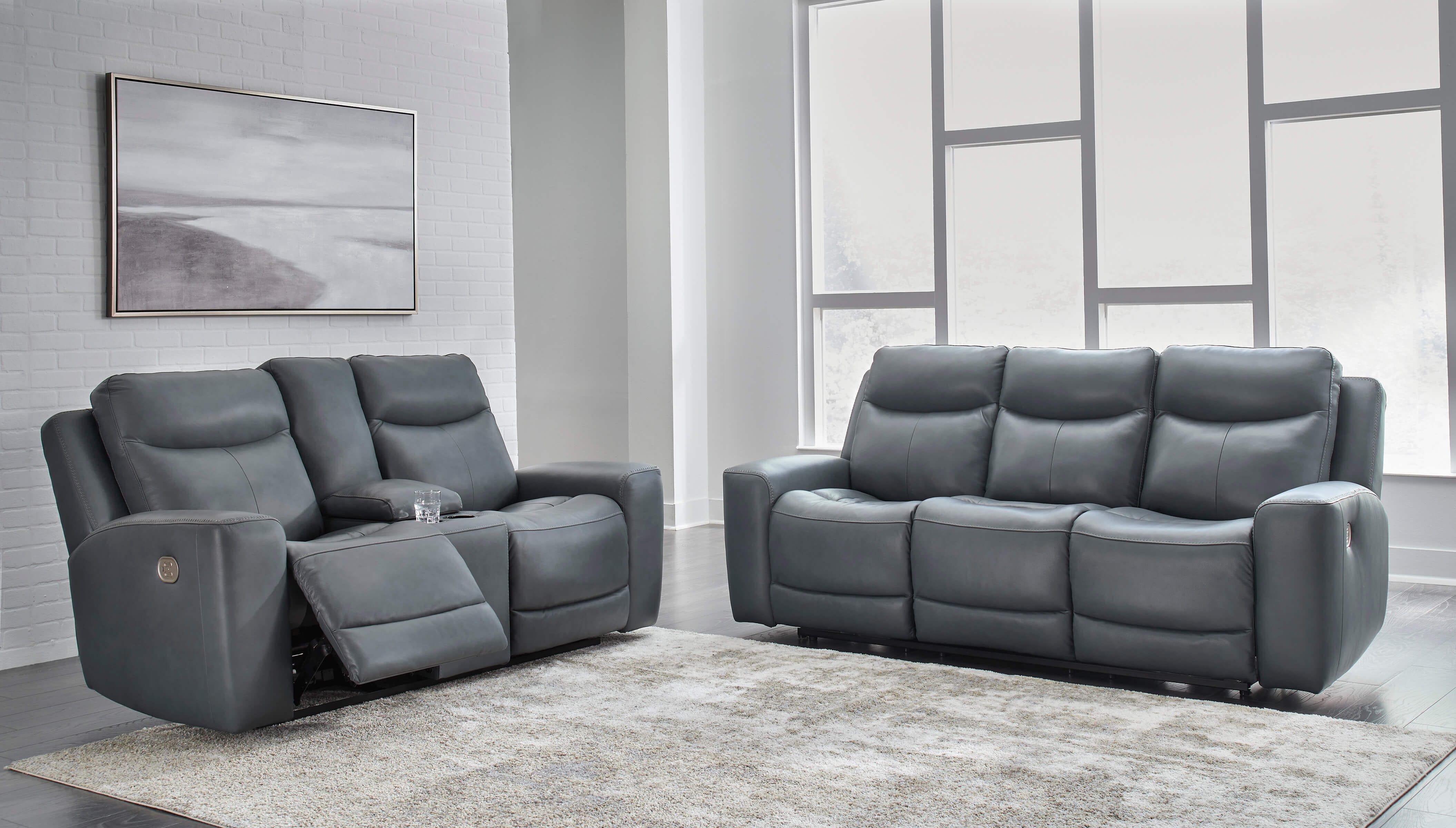 Ashley Mindanao Leather Reclining Living Room Set, Steel