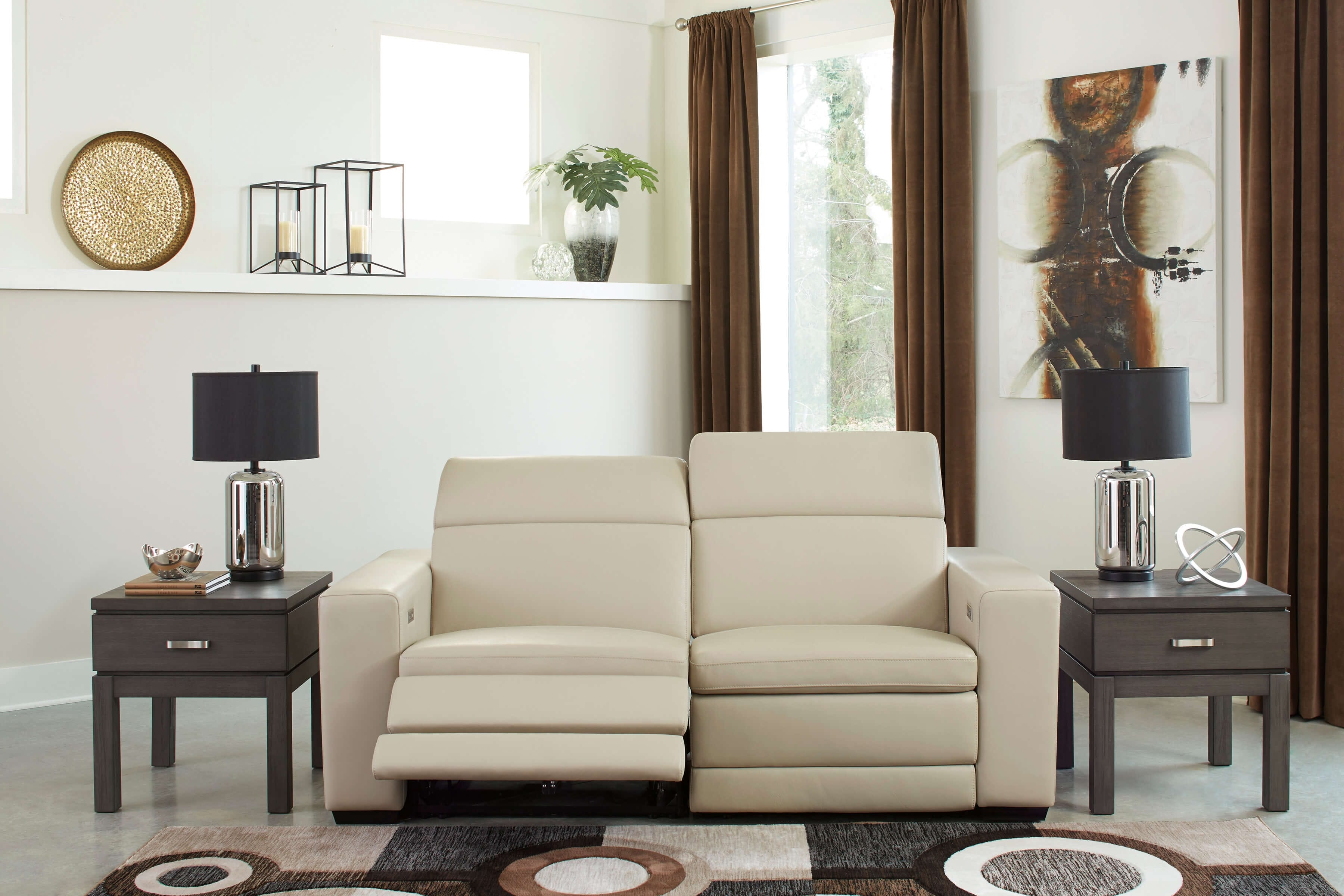 Texline Sand Leather Reclining Loveseat by Ashley