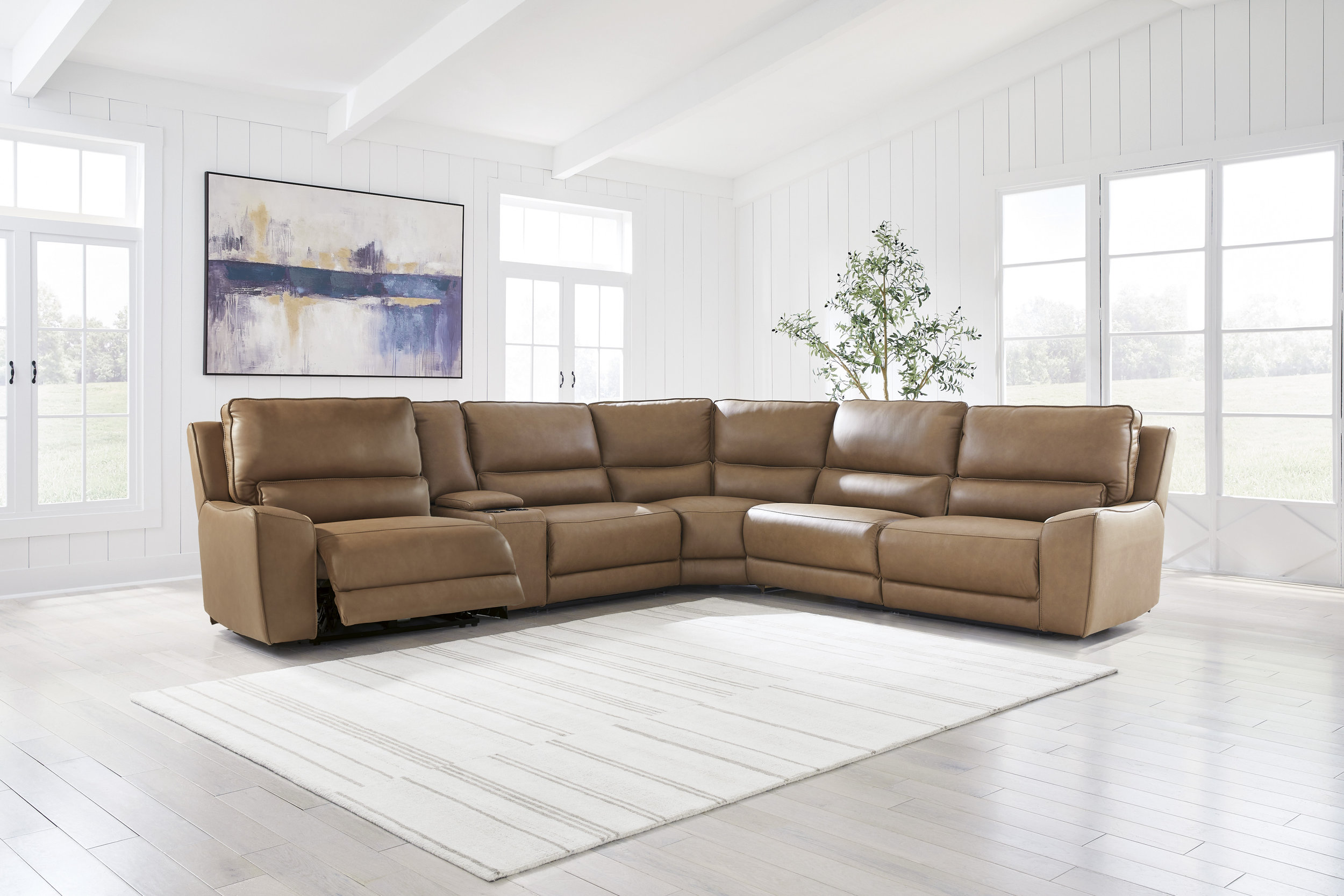 DeepWakes L-Shaped Leather/PVC 6-Piece Reclining Sectional with Storage Console