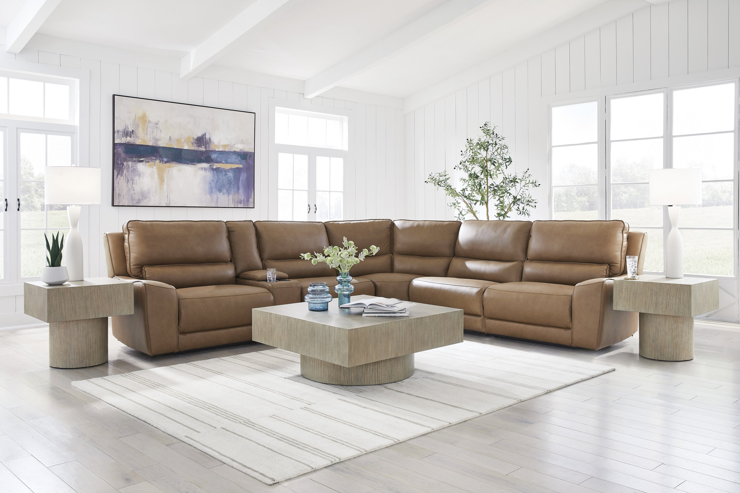DeepWakes L-Shaped Leather/PVC 6-Piece Reclining Sectional with Storage Console