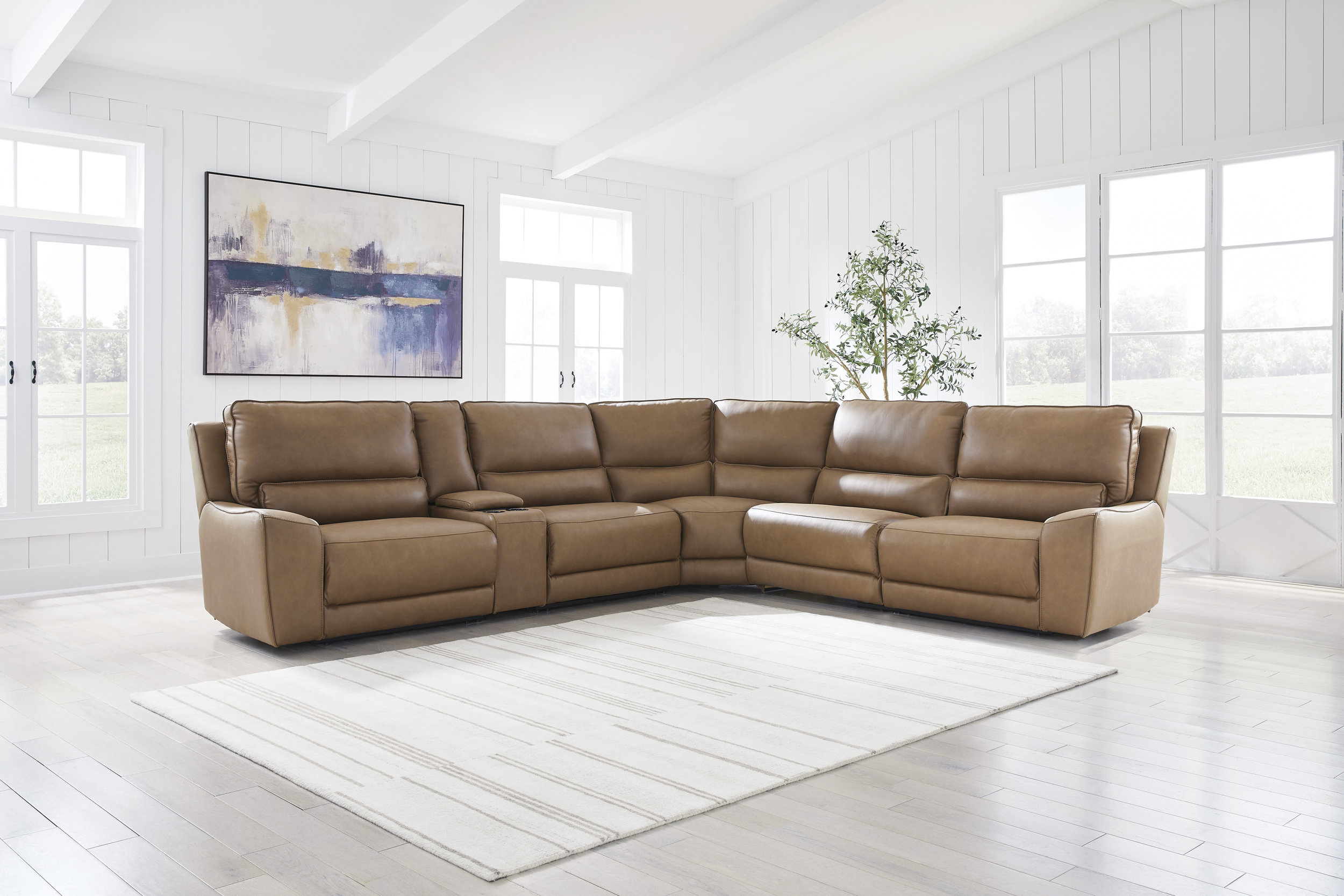 DeepWakes L-Shaped Leather/PVC 6-Piece Reclining Sectional with Storage Console