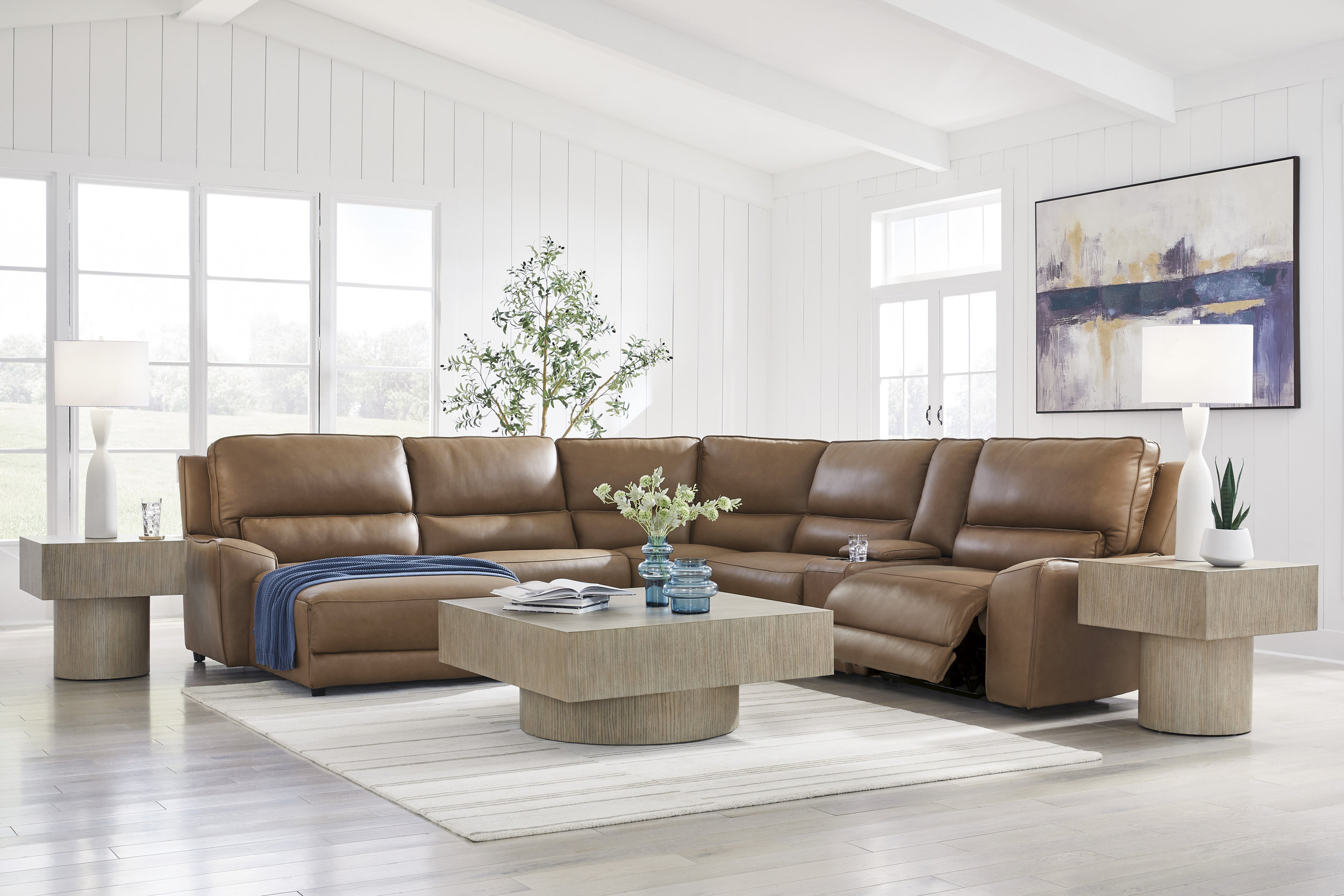 DeepWakes L-Shaped Leather/PVC 6-Piece Power Reclining Sectional with Chaise