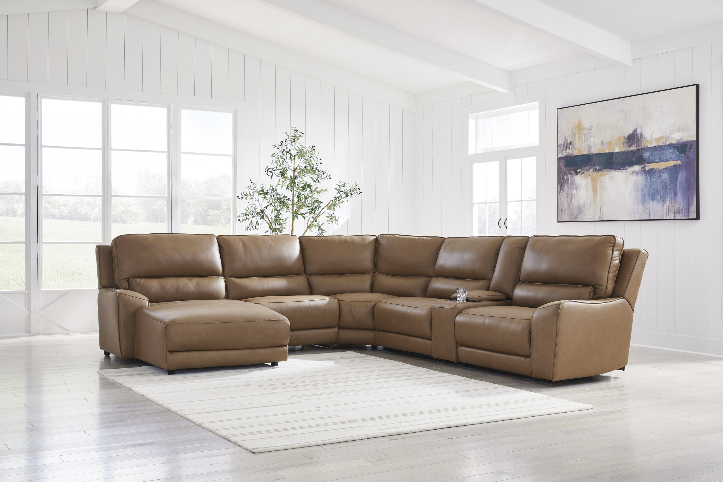 DeepWakes L-Shaped Leather/PVC 6-Piece Power Reclining Sectional with Chaise