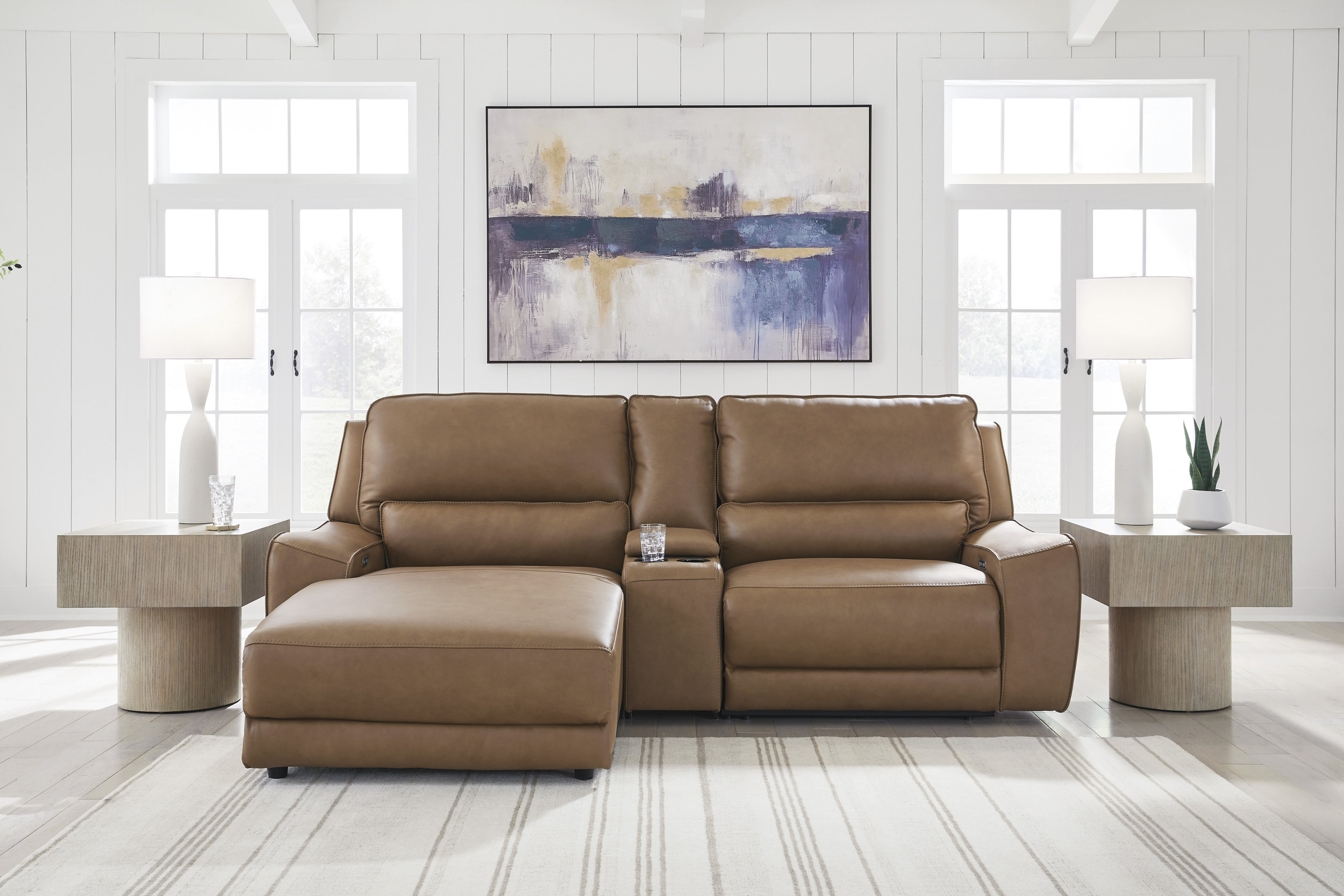 DeepWakes Leather/PVC 3-Piece Power Reclining Sofa Chaise with Storage Console