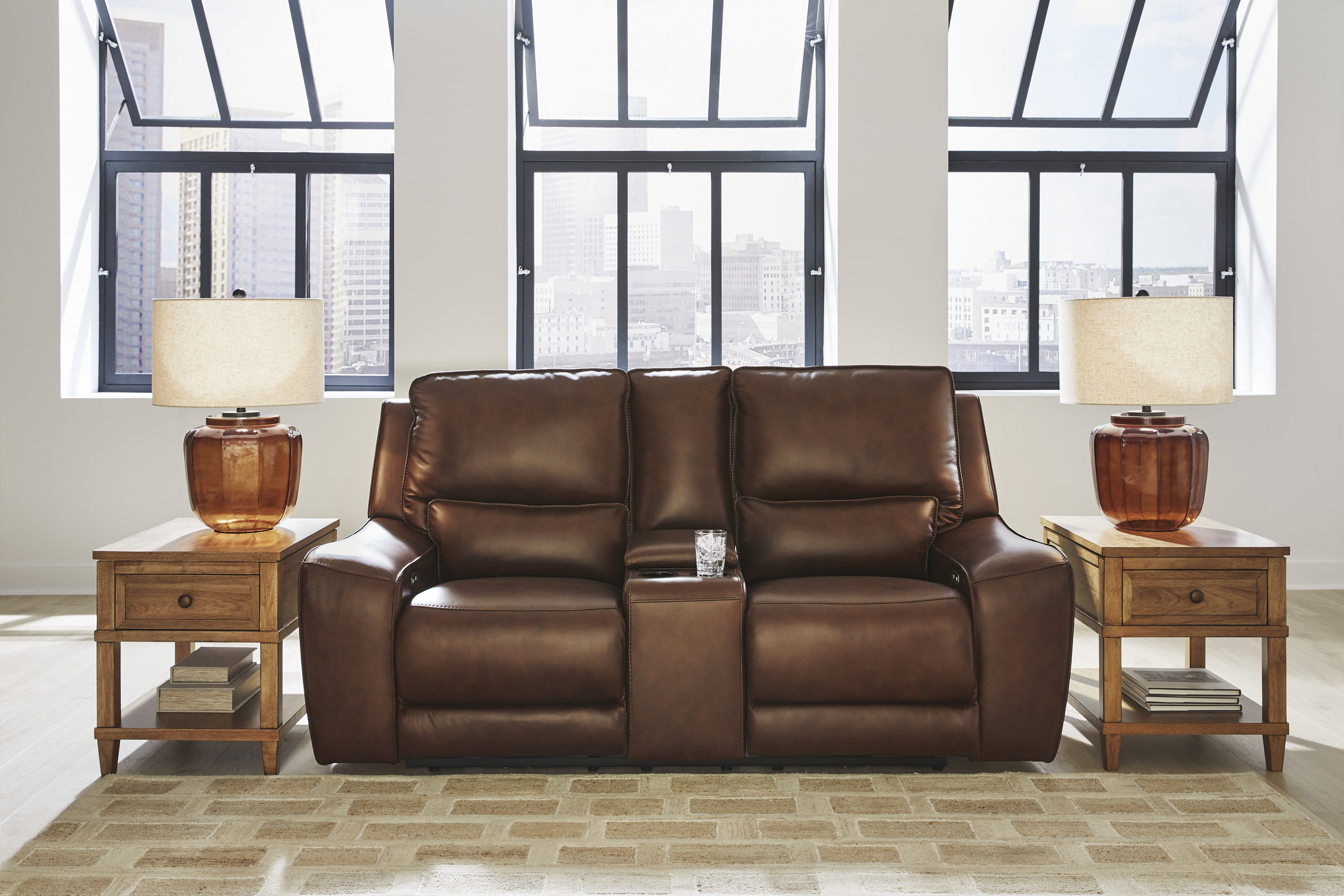 DeepWakes Leather Power Reclining Loveseat with Adjustable Headrest