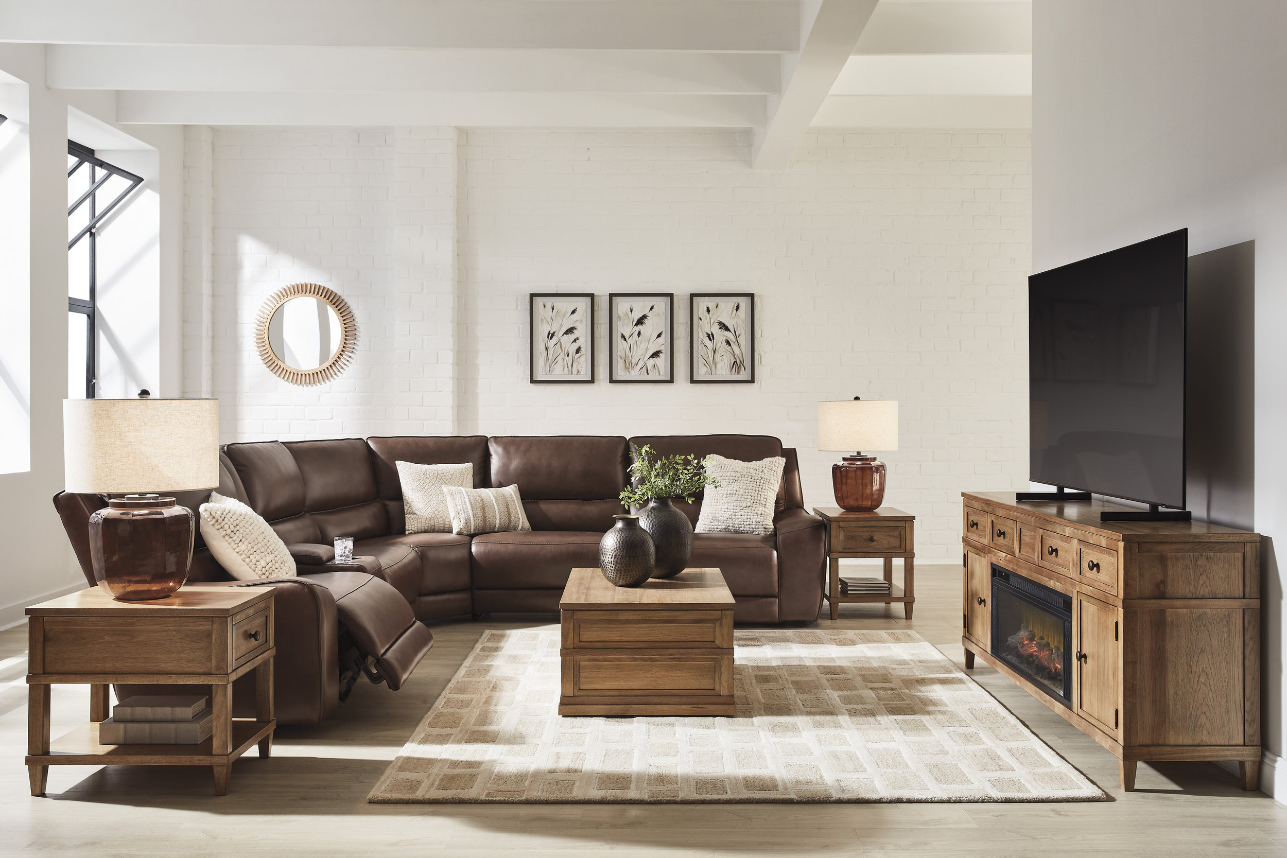 DeepWakes L-Shaped Leather/PVC 6-Piece Reclining Sectional with Storage Console