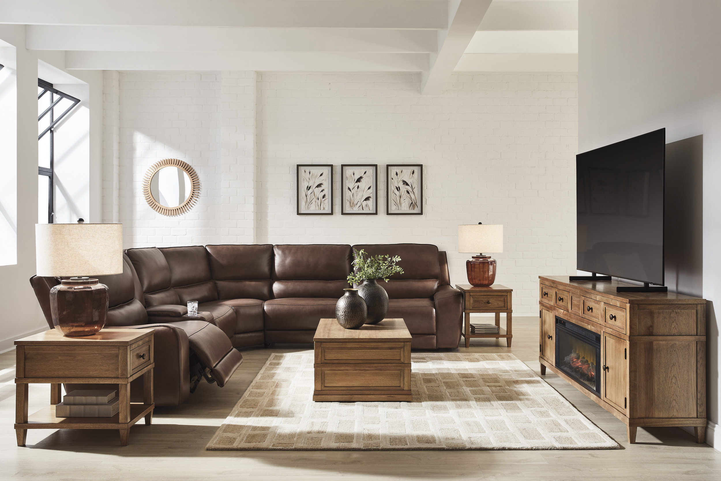 DeepWakes L-Shaped Leather/PVC 6-Piece Reclining Sectional with Storage Console