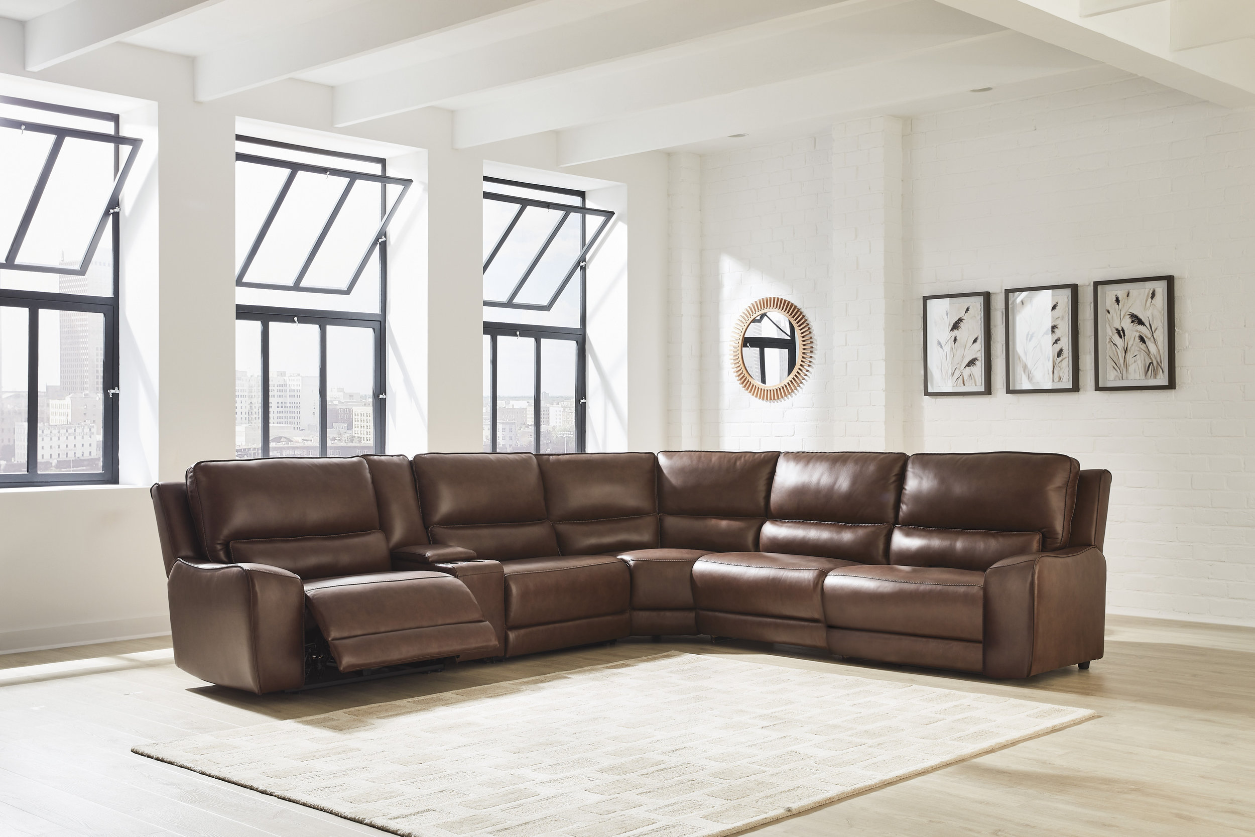 DeepWakes L-Shaped Leather/PVC 6-Piece Reclining Sectional with Storage Console