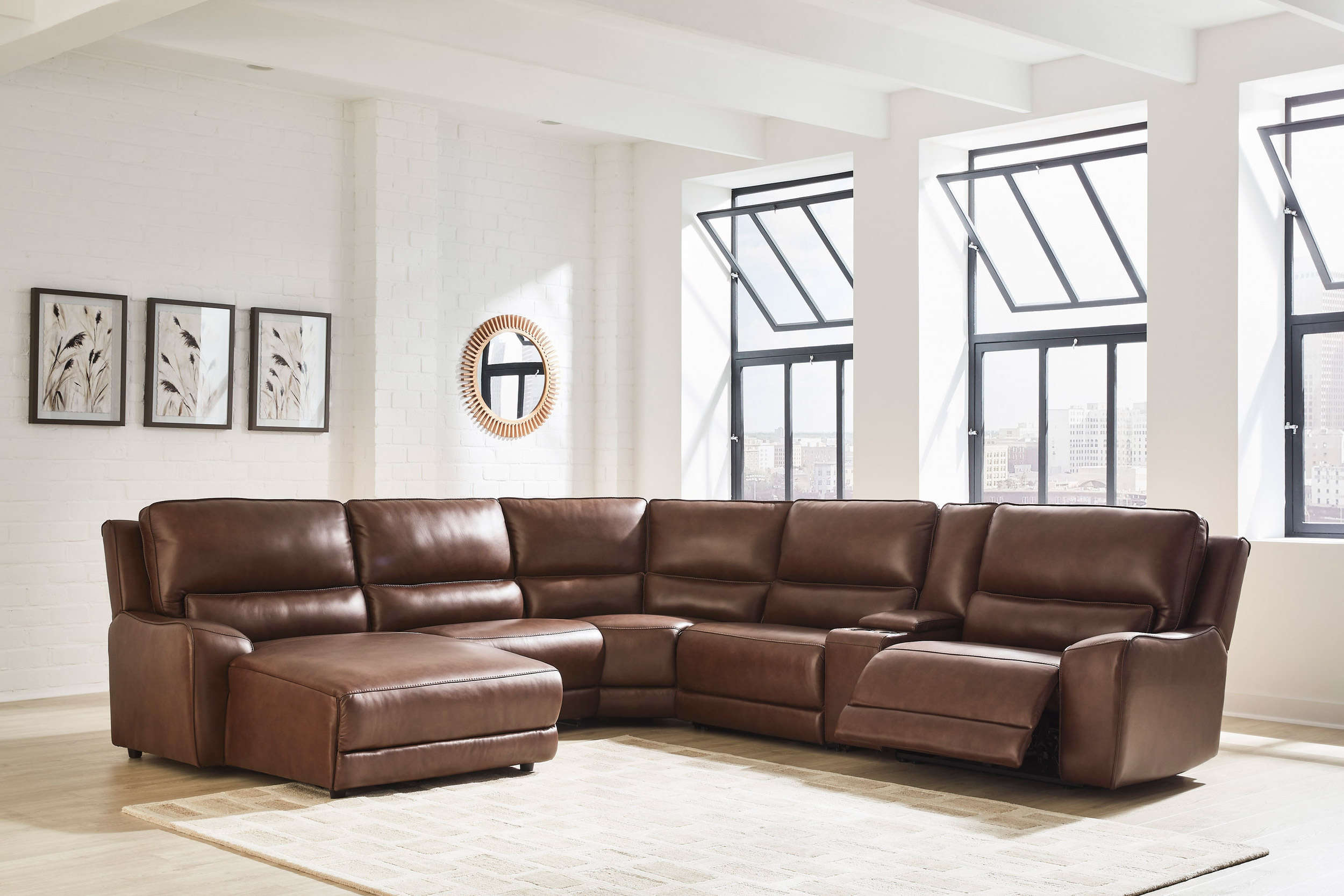 DeepWakes L-Shaped Leather/PVC 6-Piece Power Reclining Sectional with Chaise
