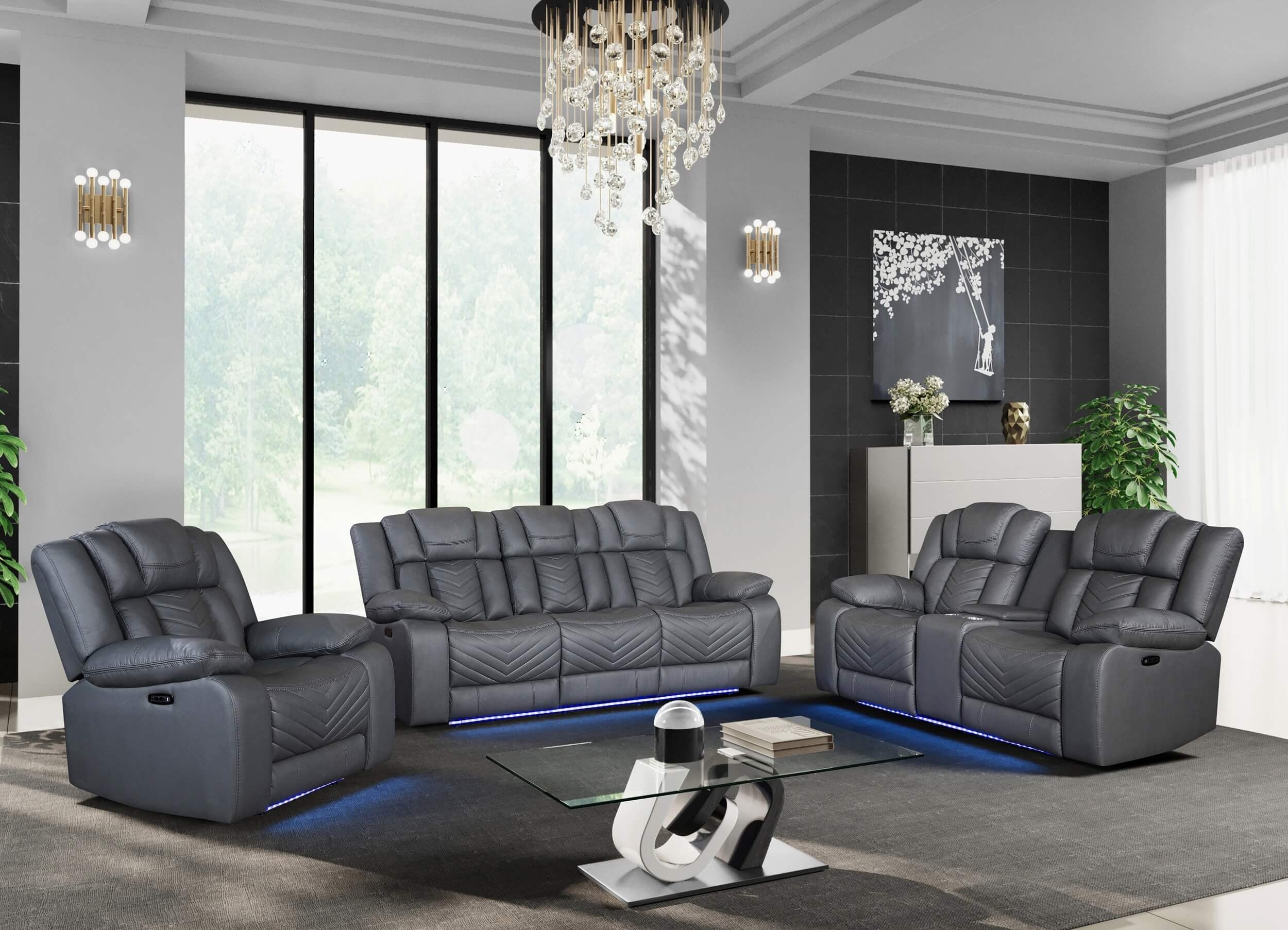 U7068 Polyester Power Reclining Living Room Set w/LED Lighting