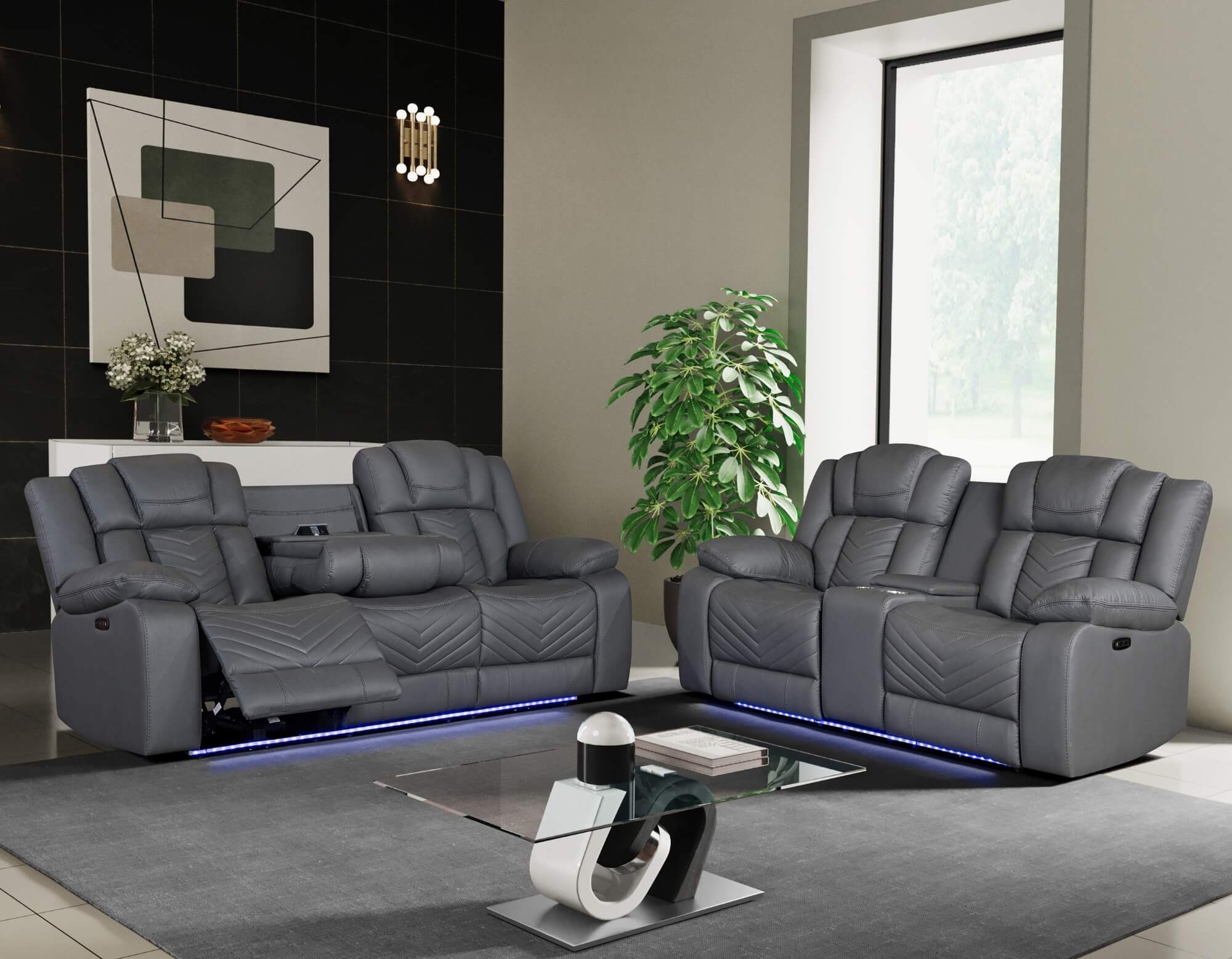 Global U7068 Polyester Reclining Living Set w/LED, Light Grey