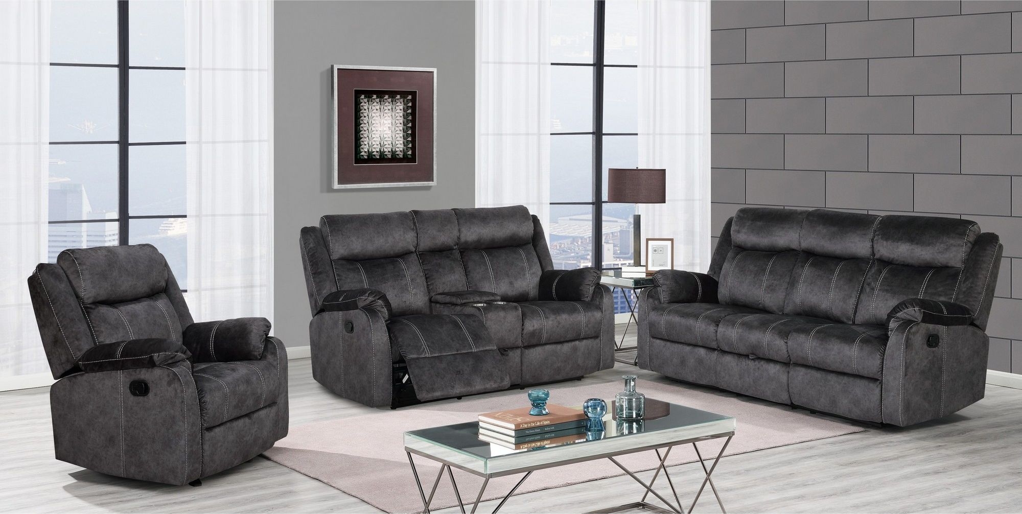 Global Furniture USA U7303C Reclining Living Room Set, Domino Granite