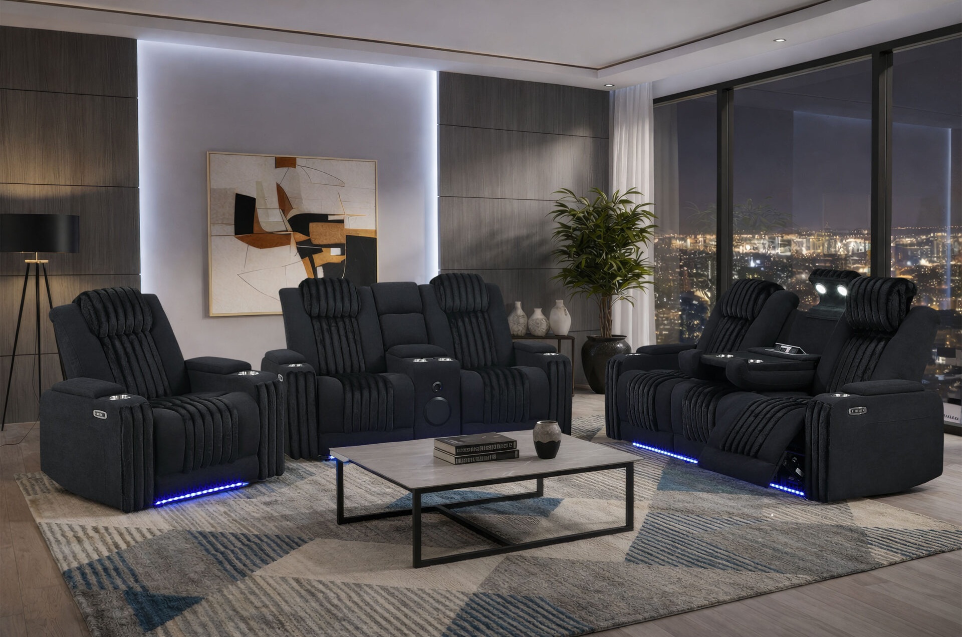 U8000 PU Power Reclining Living Room Set with LED Light and Speaker, Power Headrest