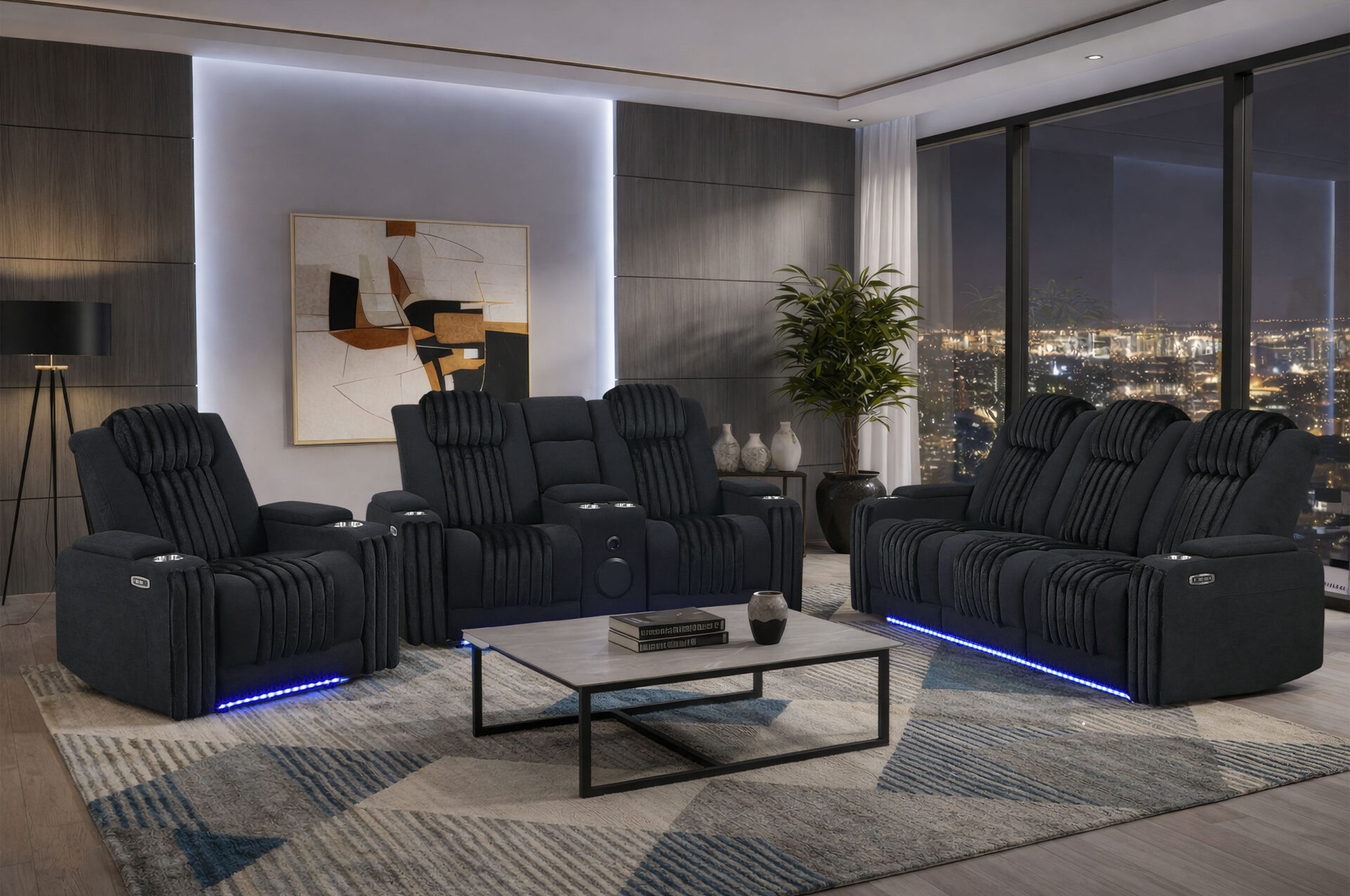 U8000 PU Power Reclining Living Room Set with LED Light and Speaker, Power Headrest