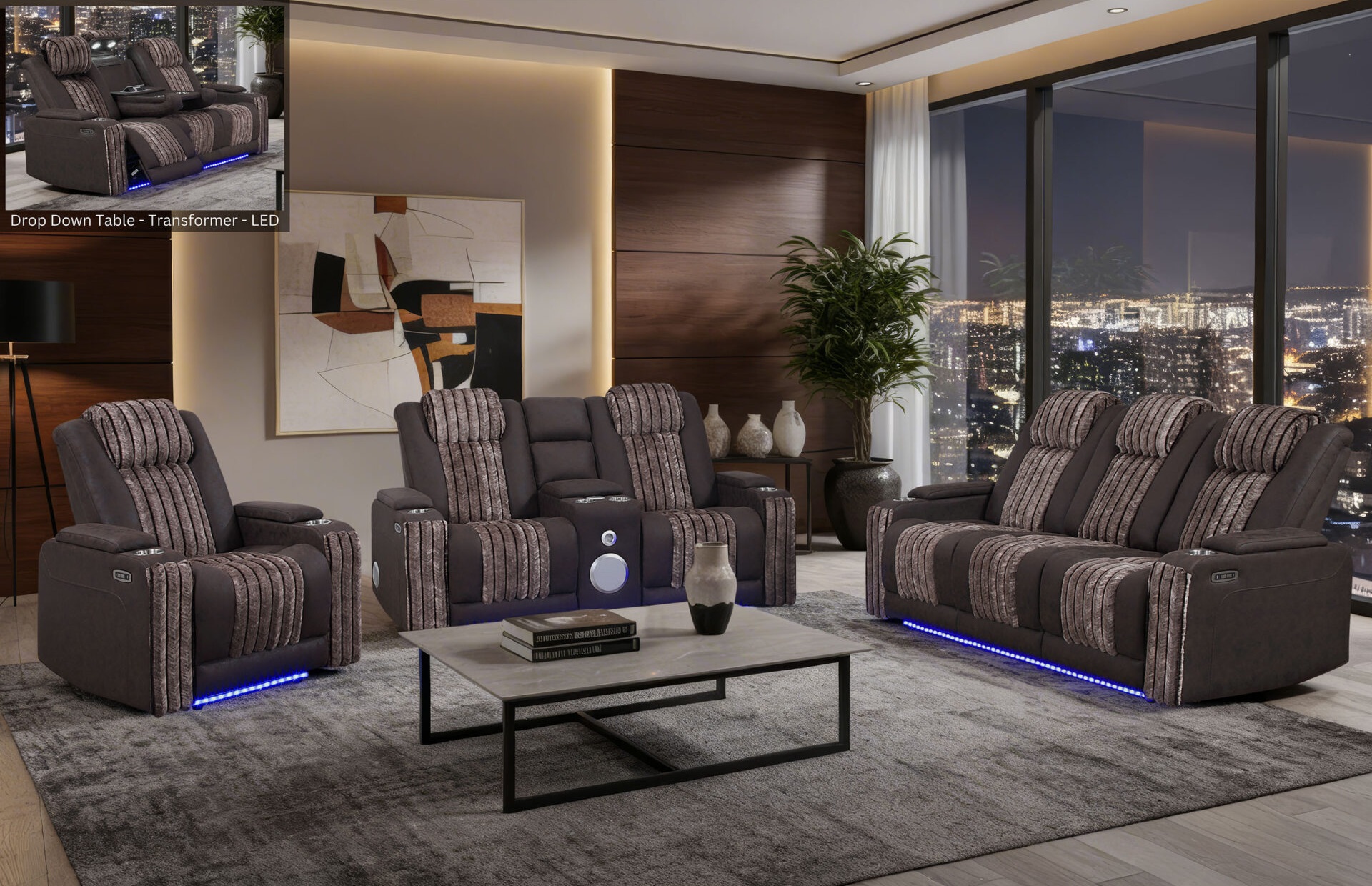 U8000 PU Power Reclining Living Room Set with LED Light and Speaker, Power Headrest