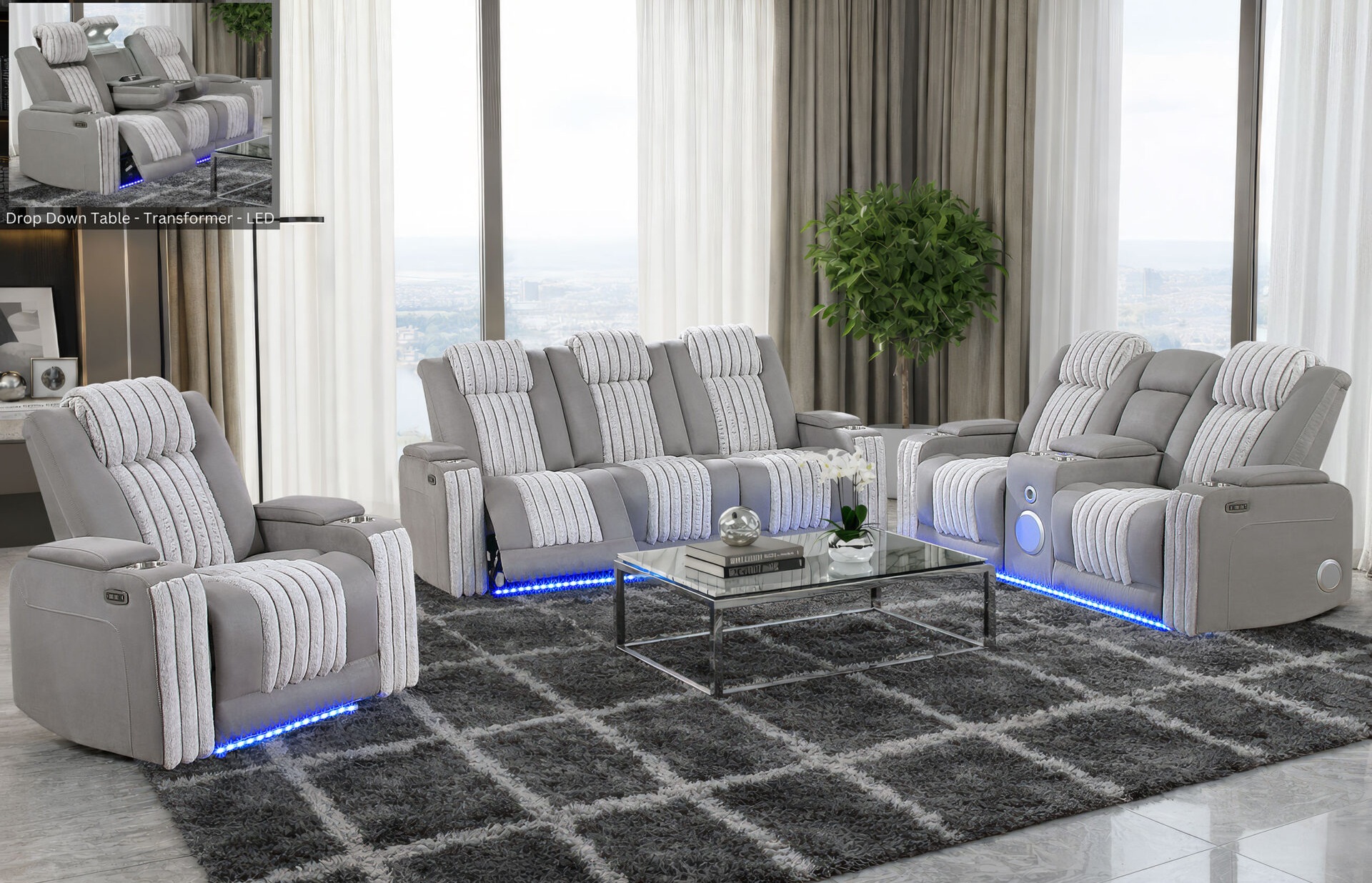 U8000 PU Power Recliner Chair with LED Light and Speaker, Power Headrest