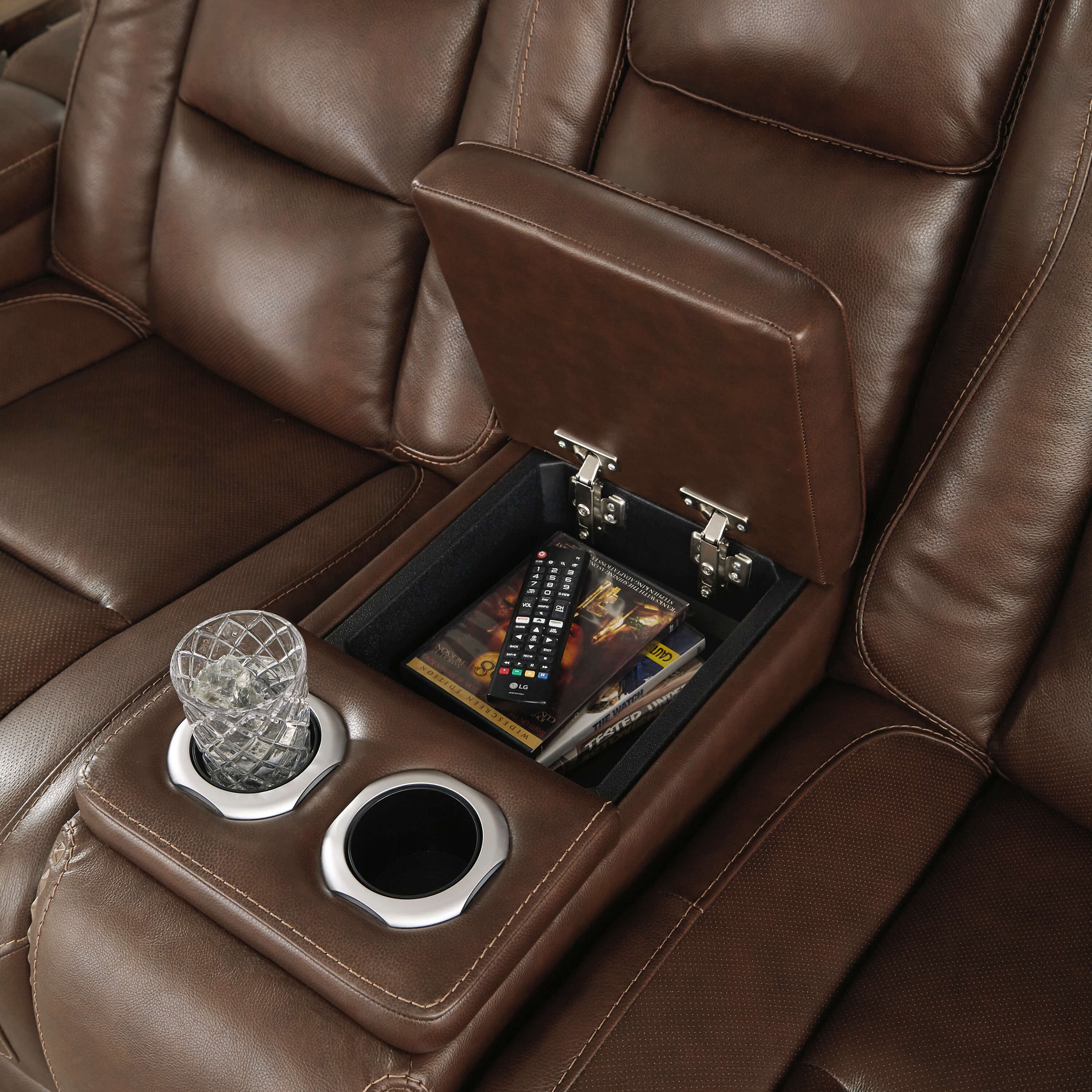 The Man-Den Leather Power Reclining Loveseat w/Console