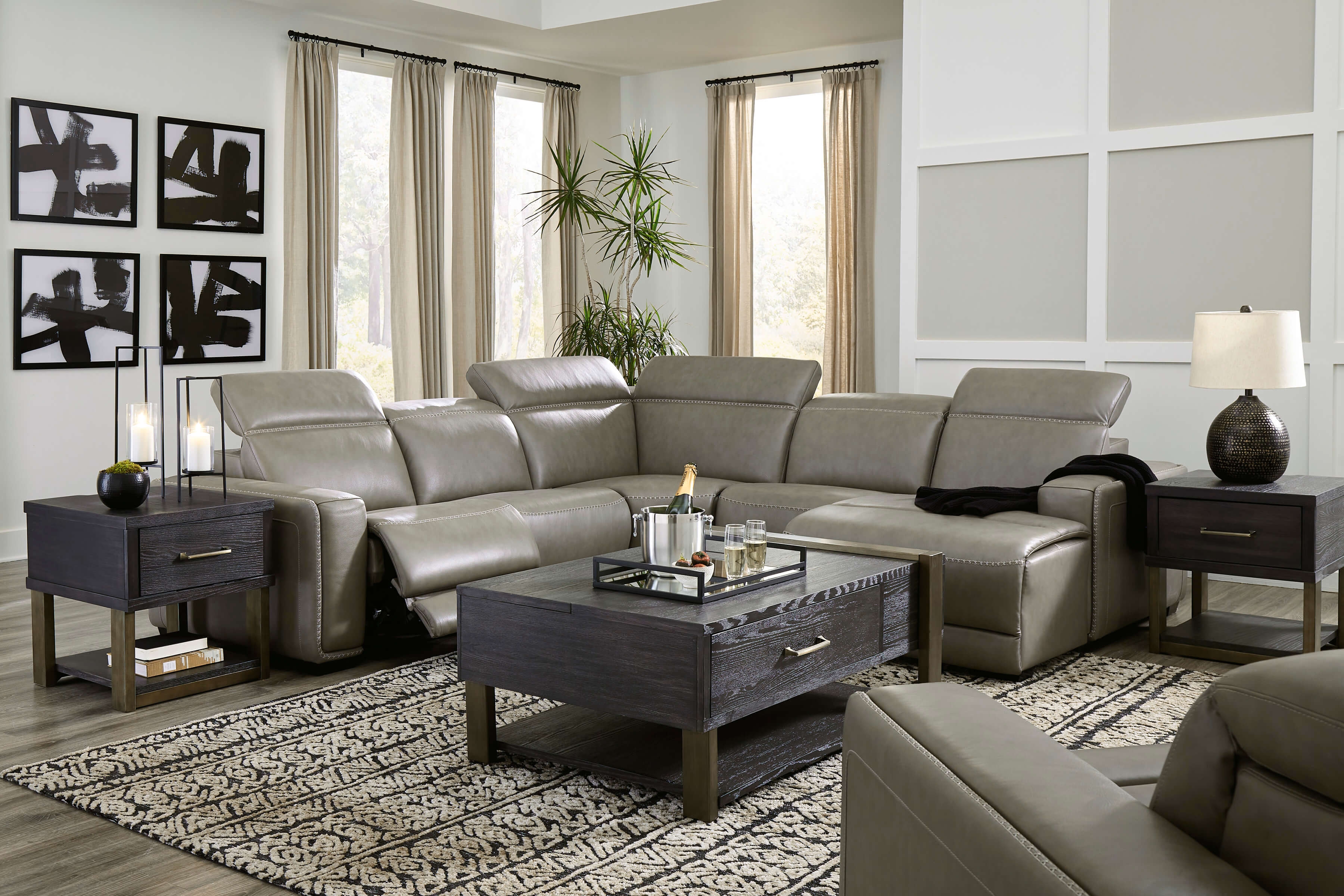 Correze 5-Piece Leather Power Reclining Sectional w/Right Chaise