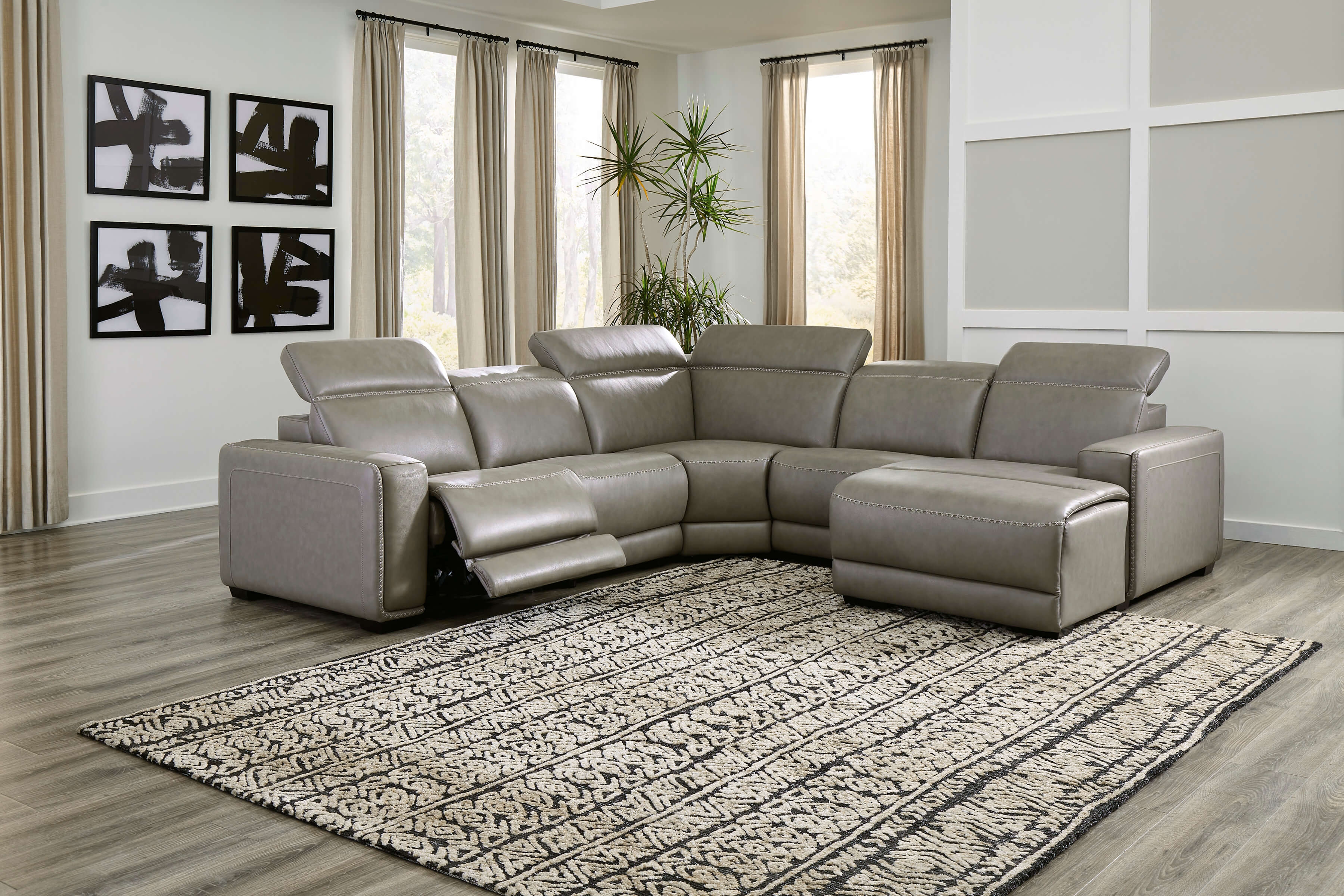 Correze 5-Piece Leather Power Reclining Sectional w/Right Chaise