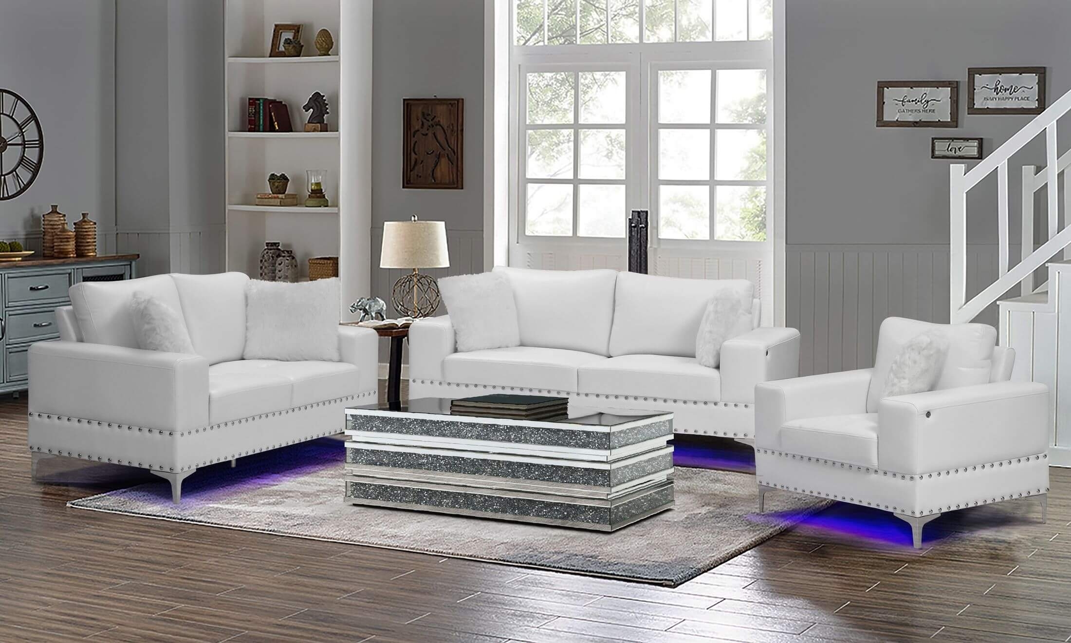 U98 Velvet/Leatherette Living Room Set w/LED Lighting