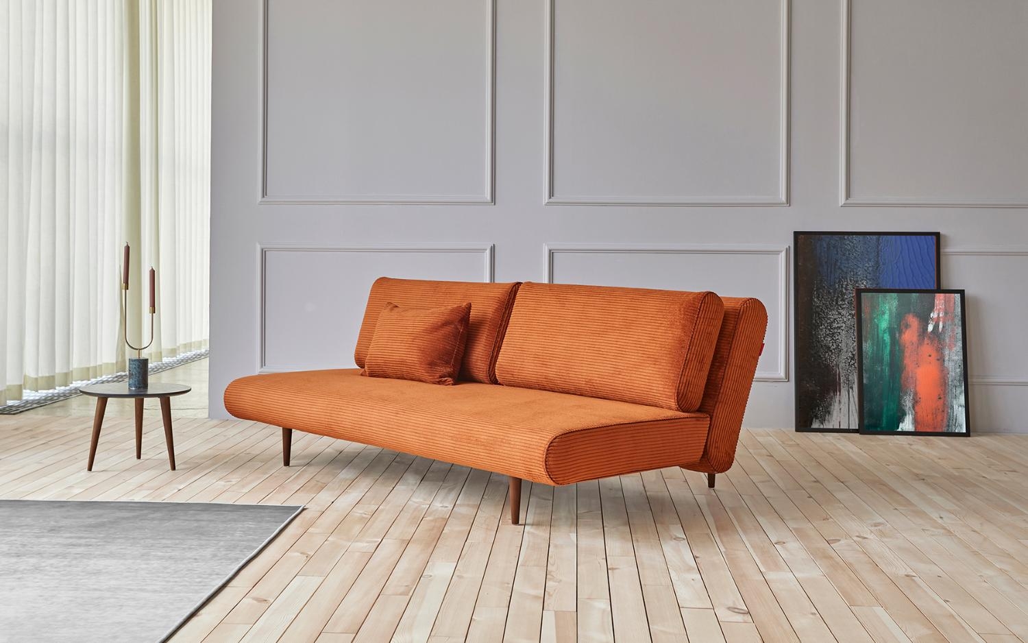 Unfurl Lounger Fabric Sofa Bed w/Dark Wood Legs