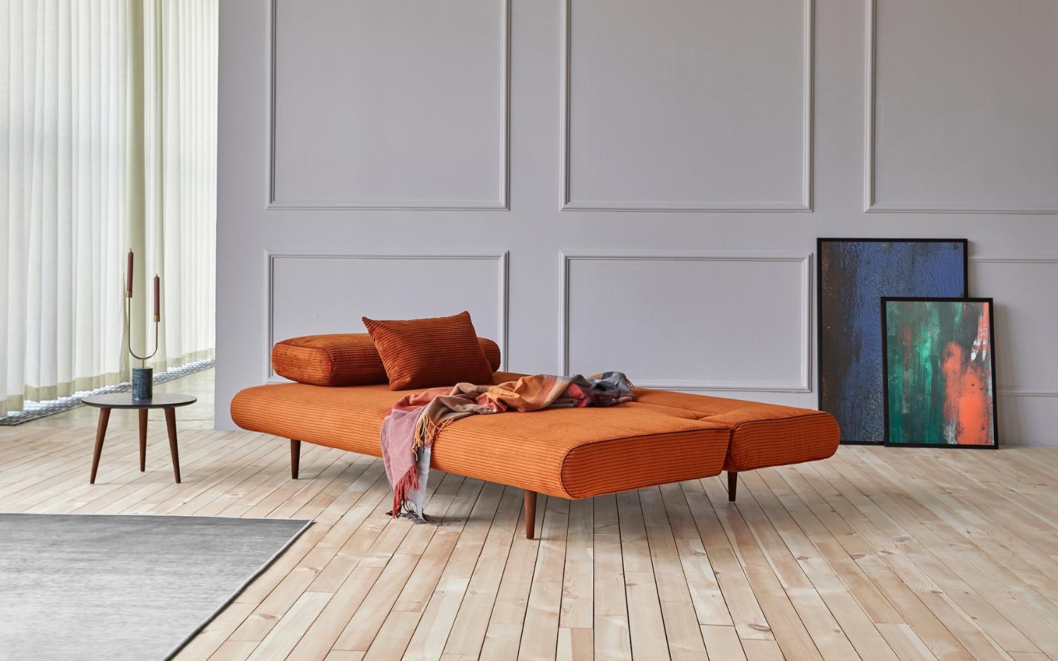 Unfurl Lounger Fabric Sofa Bed w/Dark Wood Legs