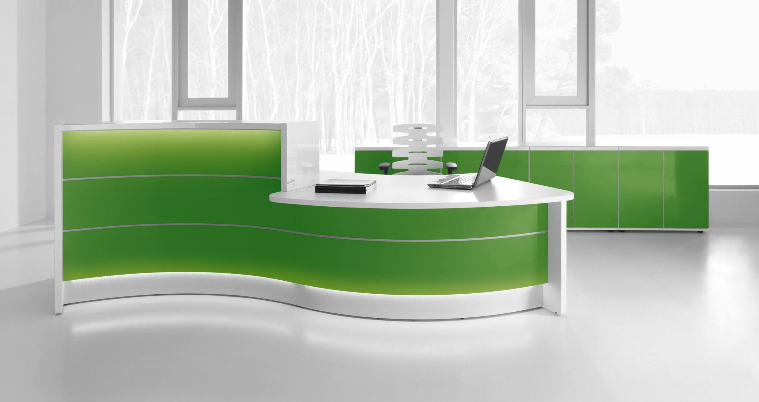 Valde 135" Curved Reception Desk w/Counter Top by MDD in green front