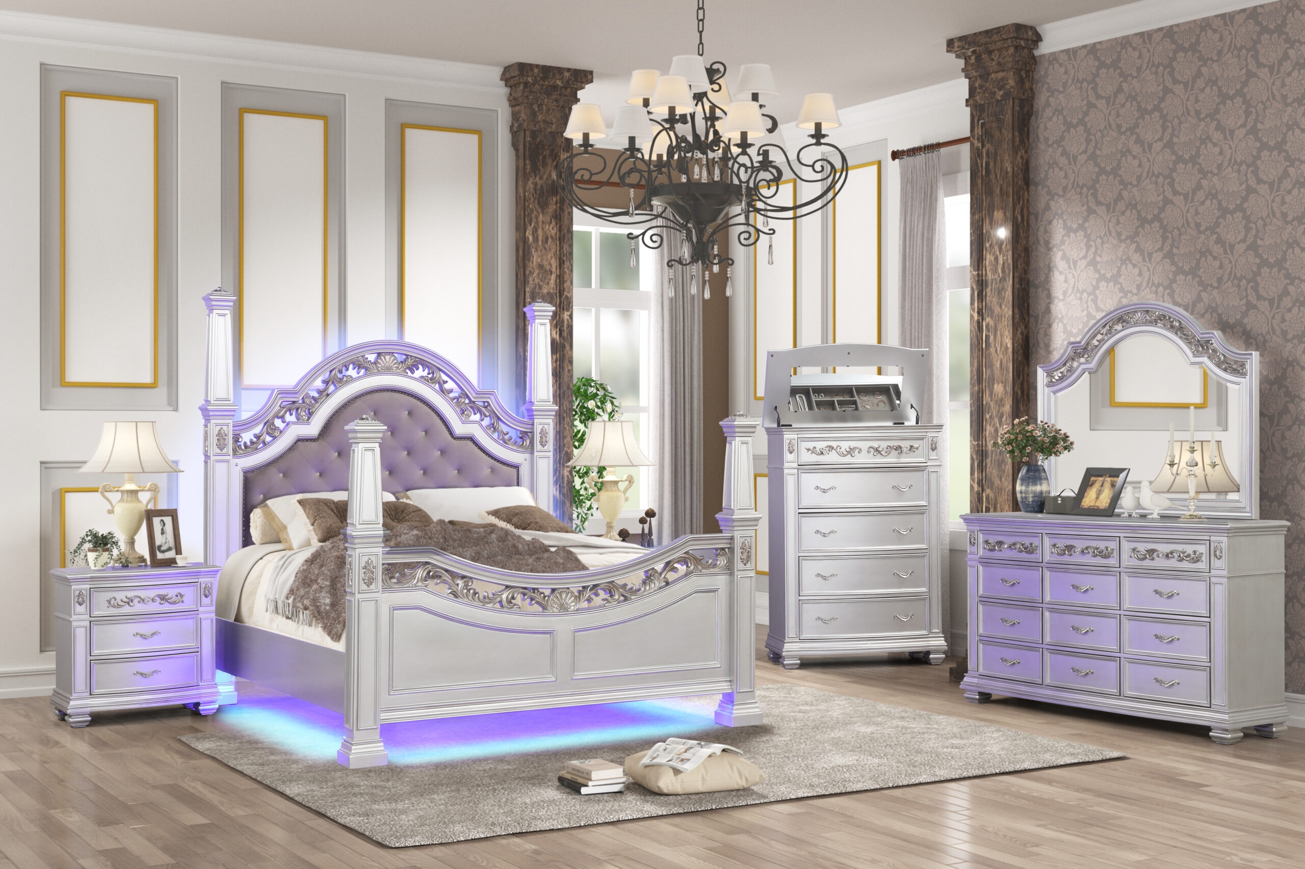 Valentina Poster Bedroom with Faux Leather Upholstered Headboard & LED Lighting