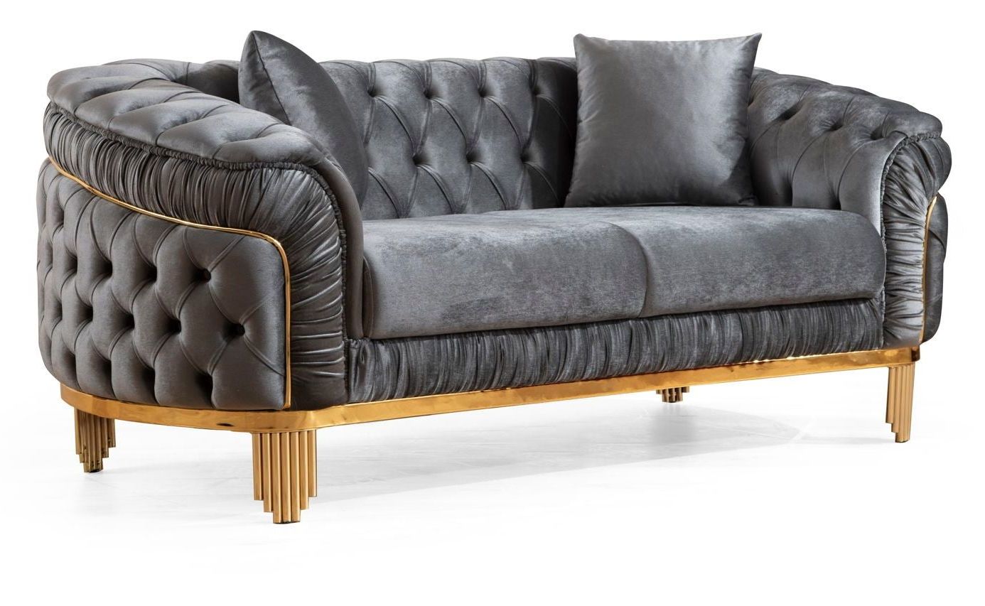 Vanessa Gray Velvet Fabric Button-Tufted Loveseat - Thumbnail 5