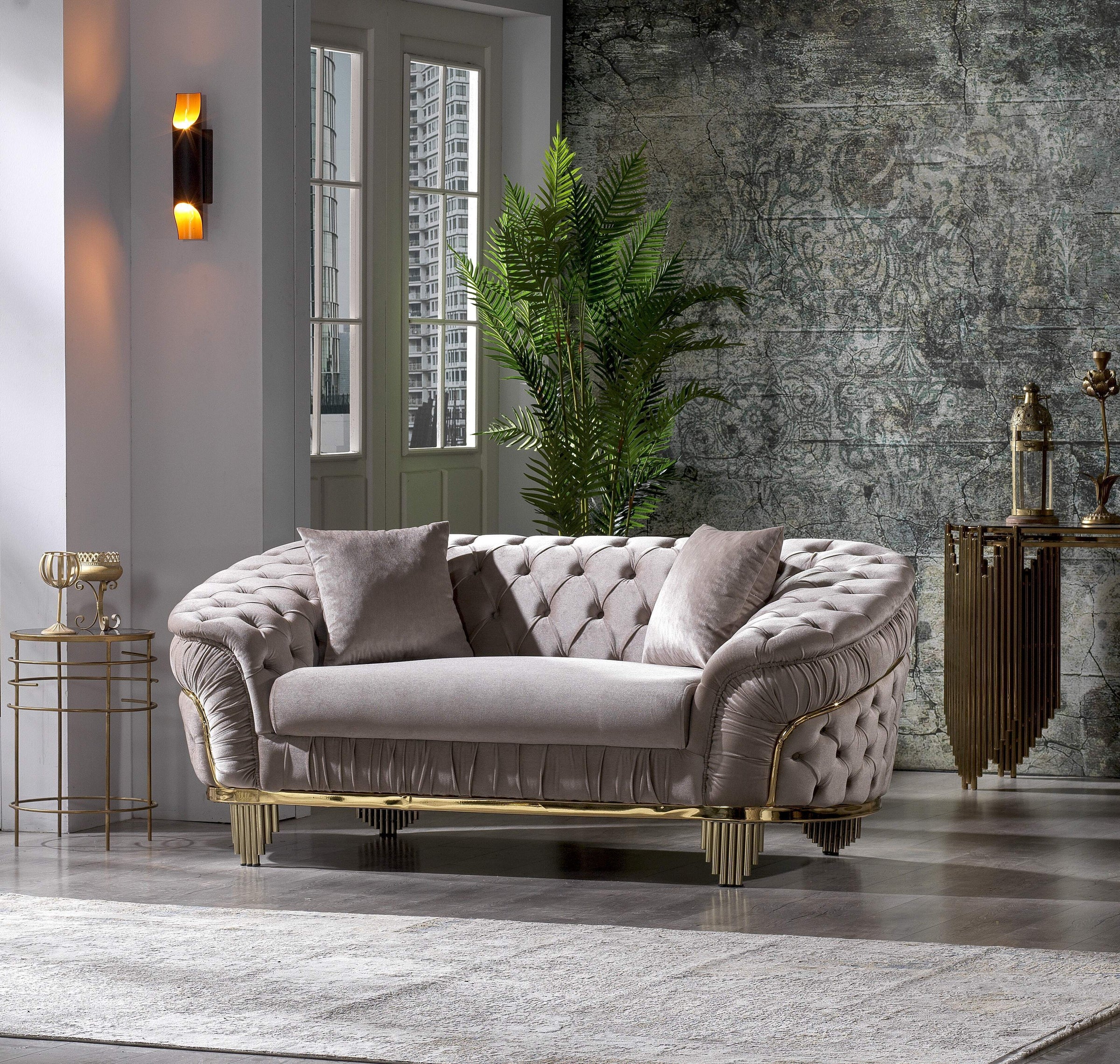 Modern Taupe and Gold Sofa and Loveseat Set