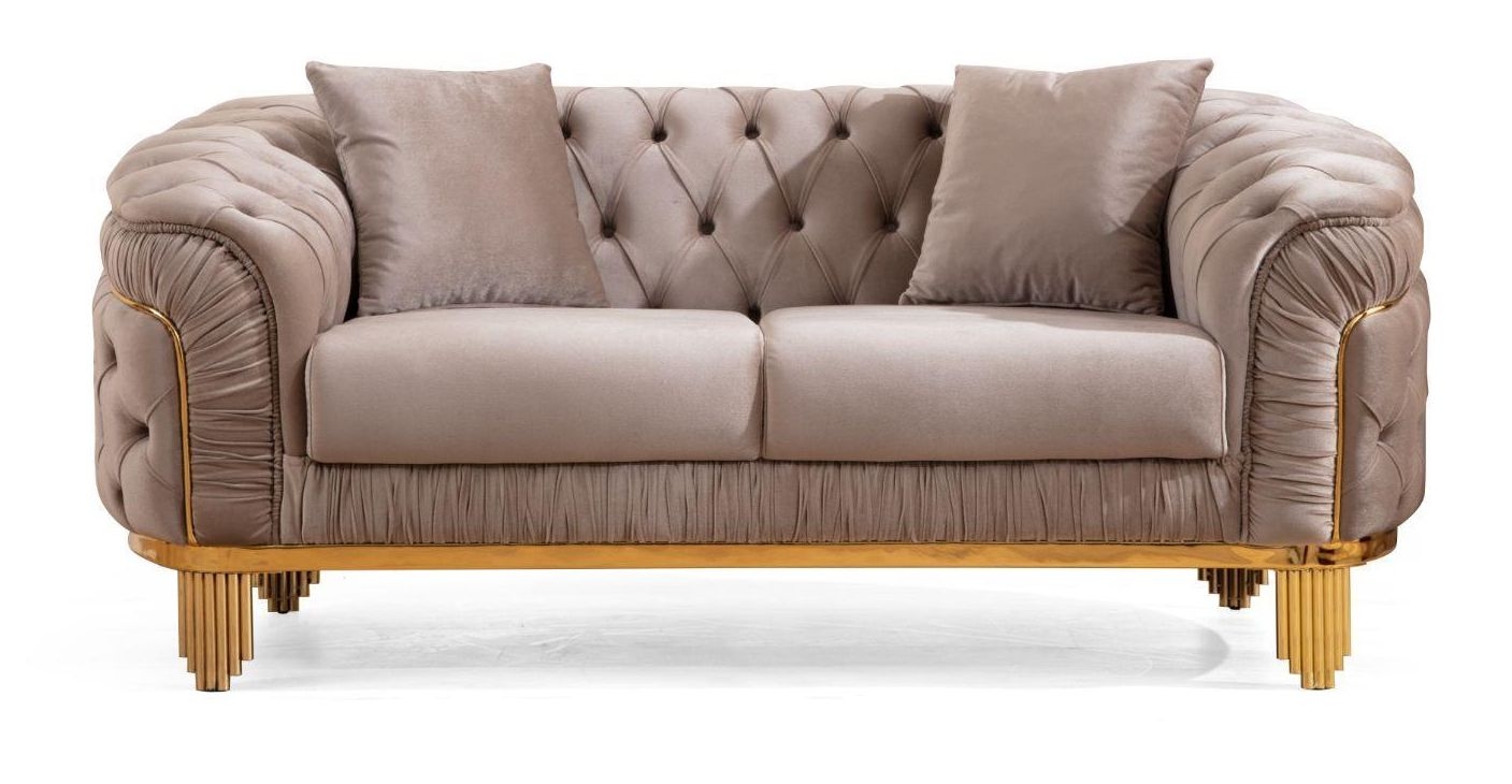 Vanessa Taupe Velvet Fabric Button-Tufted Loveseat