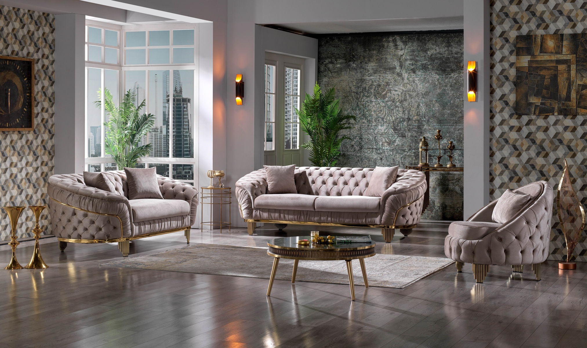 Vanessa Taupe Velvet Sofa Loveseat & Chair