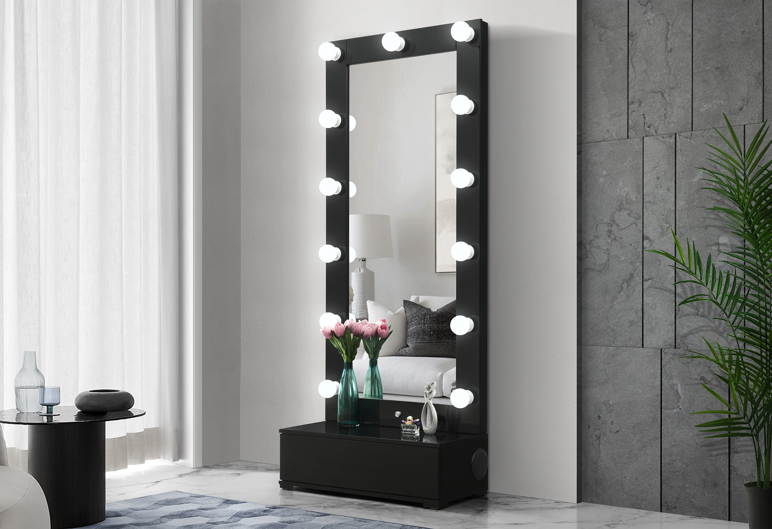 Ella Narrow Tall Vanity Mirror with Drawer and Speaker