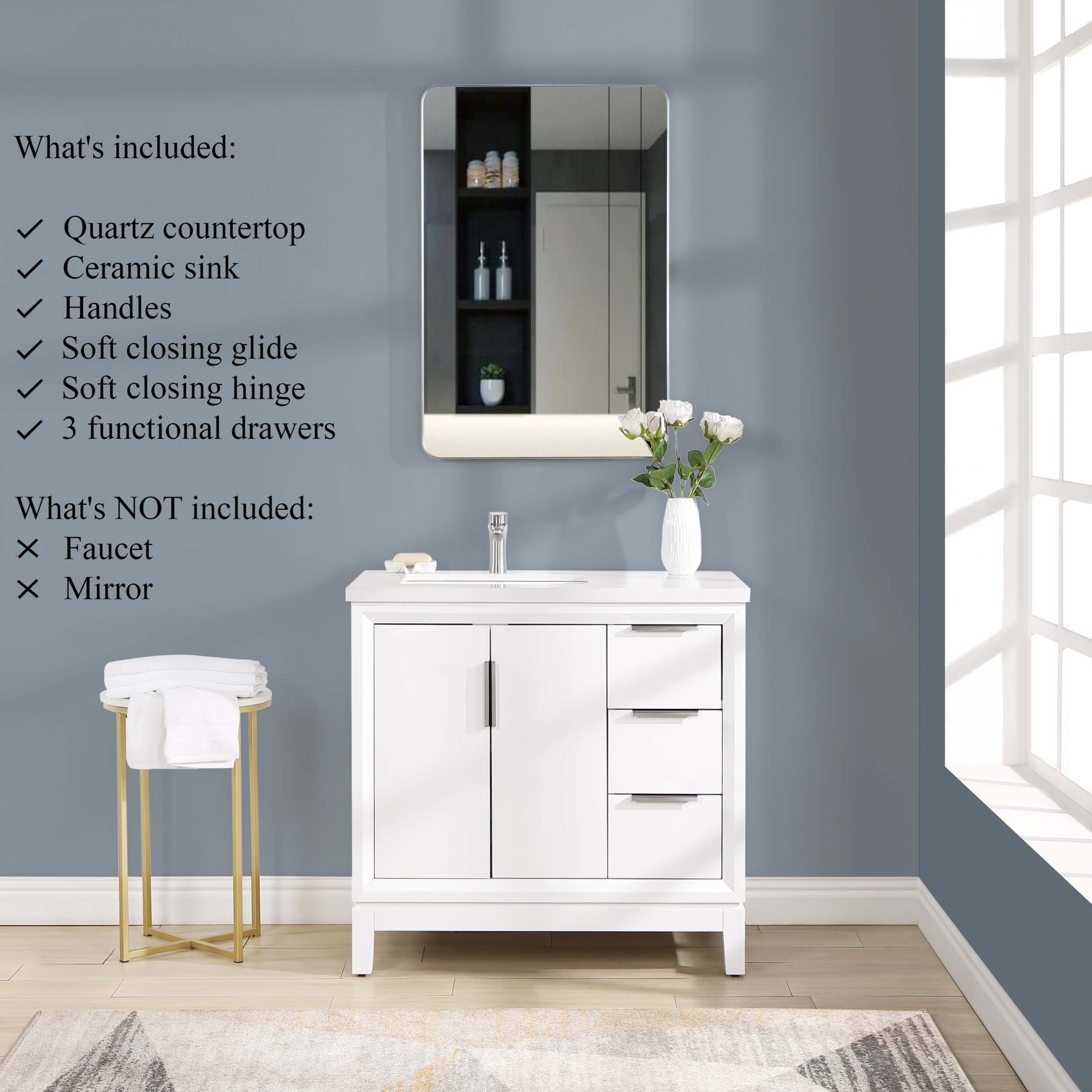 Valencia 36" Solid Wood Single Sink Free-standing Vanity with Quartz Countertop & Ceramic Sink