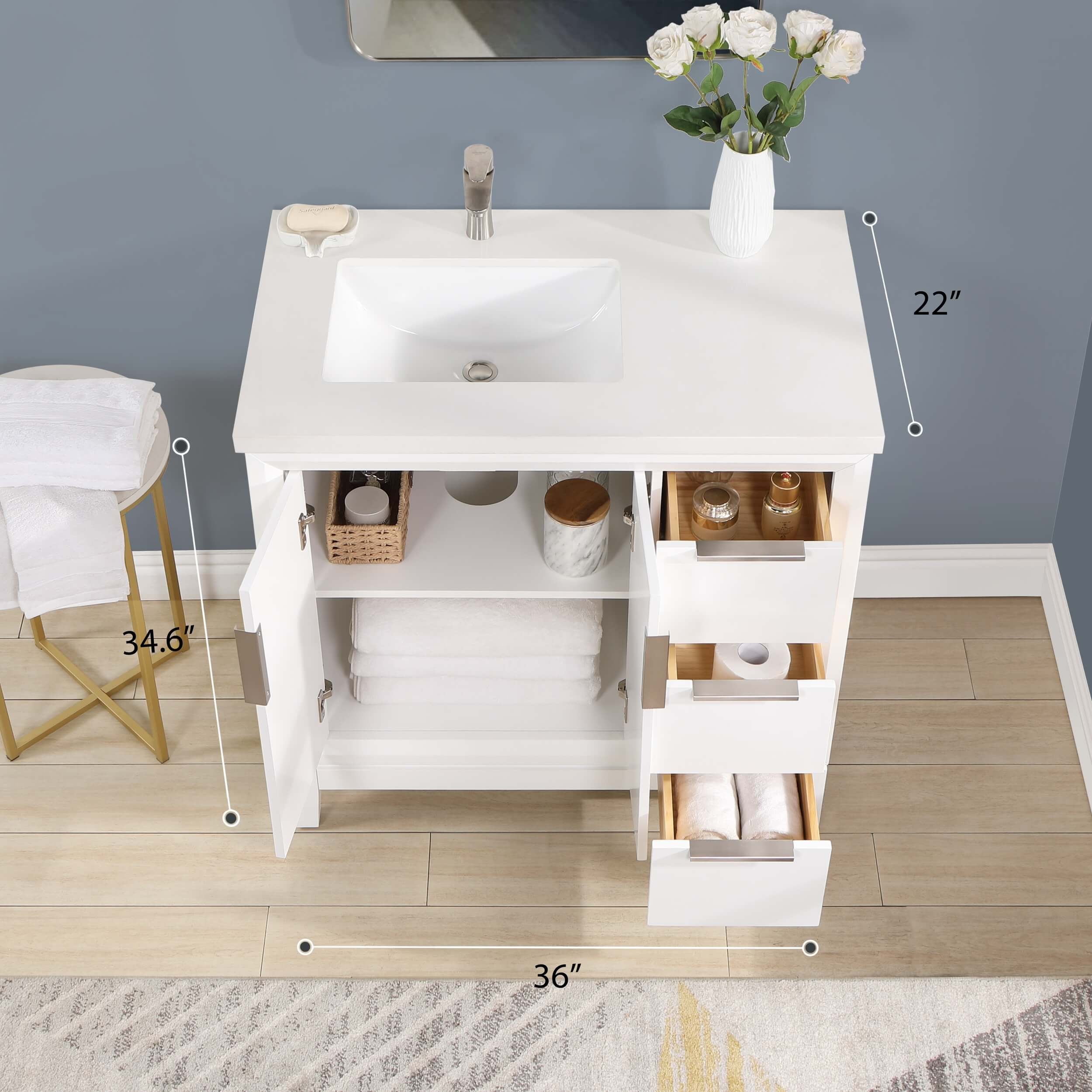 Valencia 36" Solid Wood Left Sink Free-standing Vanity with Quartz Countertop & Ceramic Sink