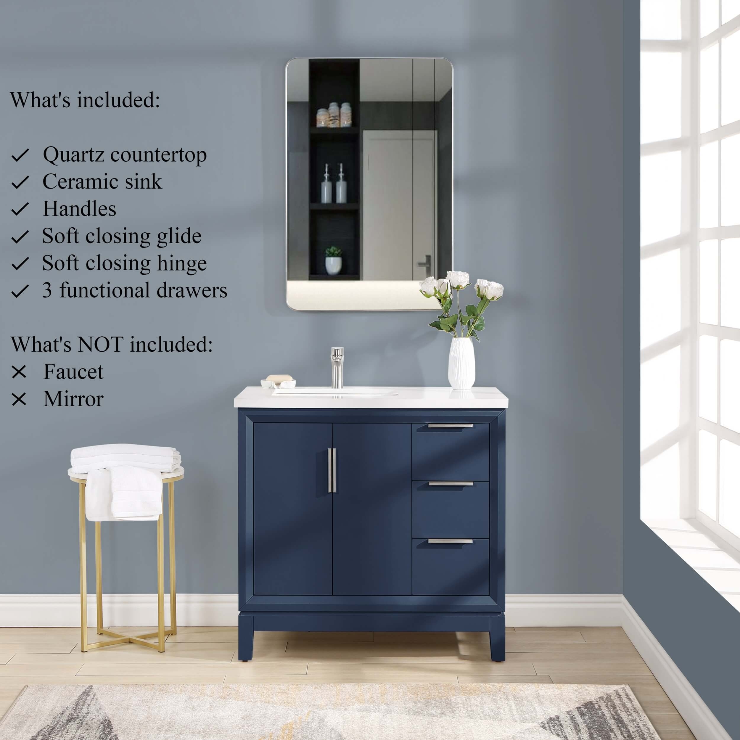Valencia 36" Solid Wood Left Sink Free-standing Vanity with Quartz Countertop & Ceramic Sink